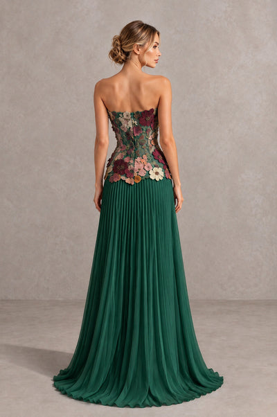 BOLODOO Emerald Green Strapless Floral Applique Pleated Evening Dress - Emerald Green - Emerald Green (2)