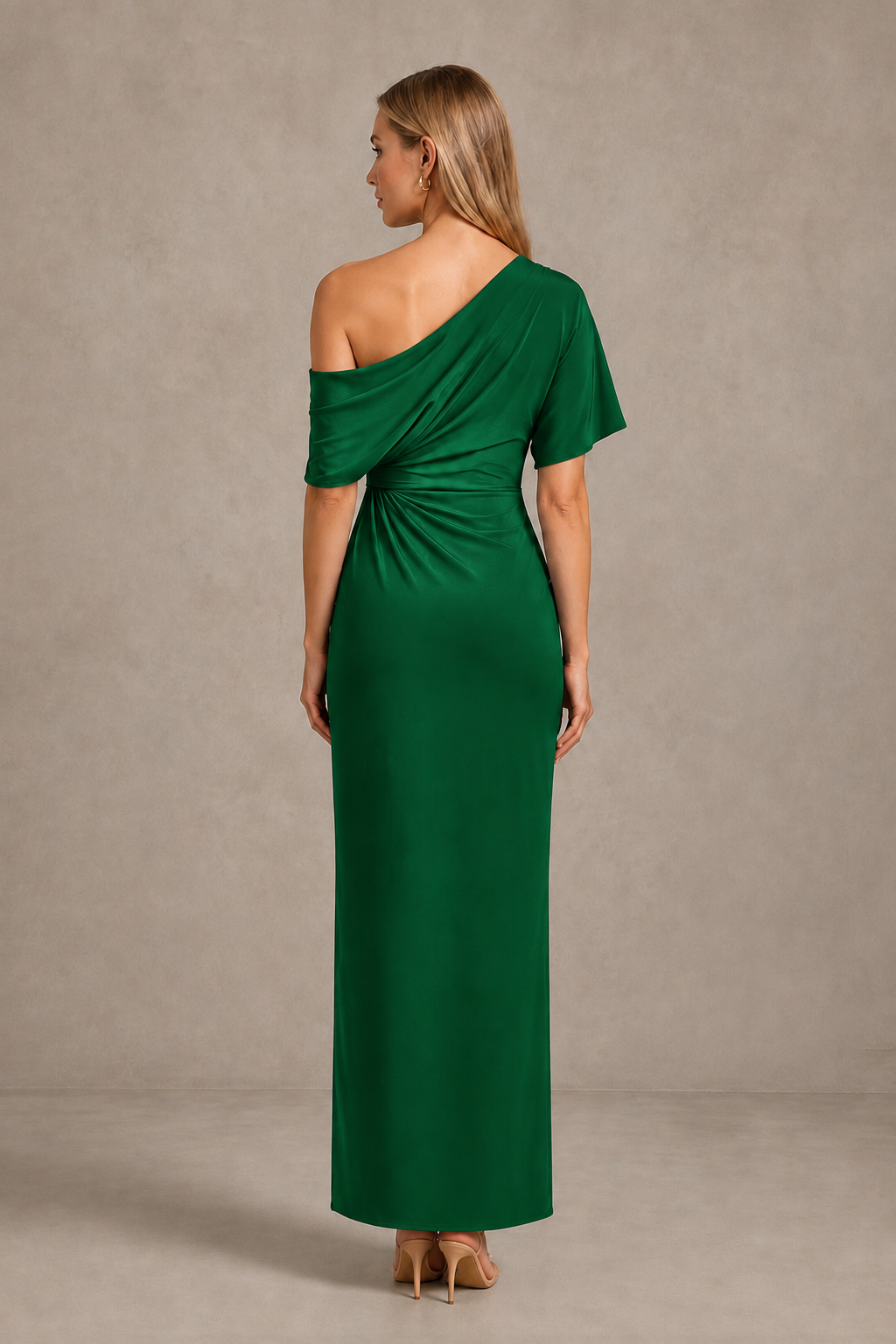 BOLODOO Emerald Green One-Shoulder Draped Satin Maxi Dress with Front Slit - Emerald Green