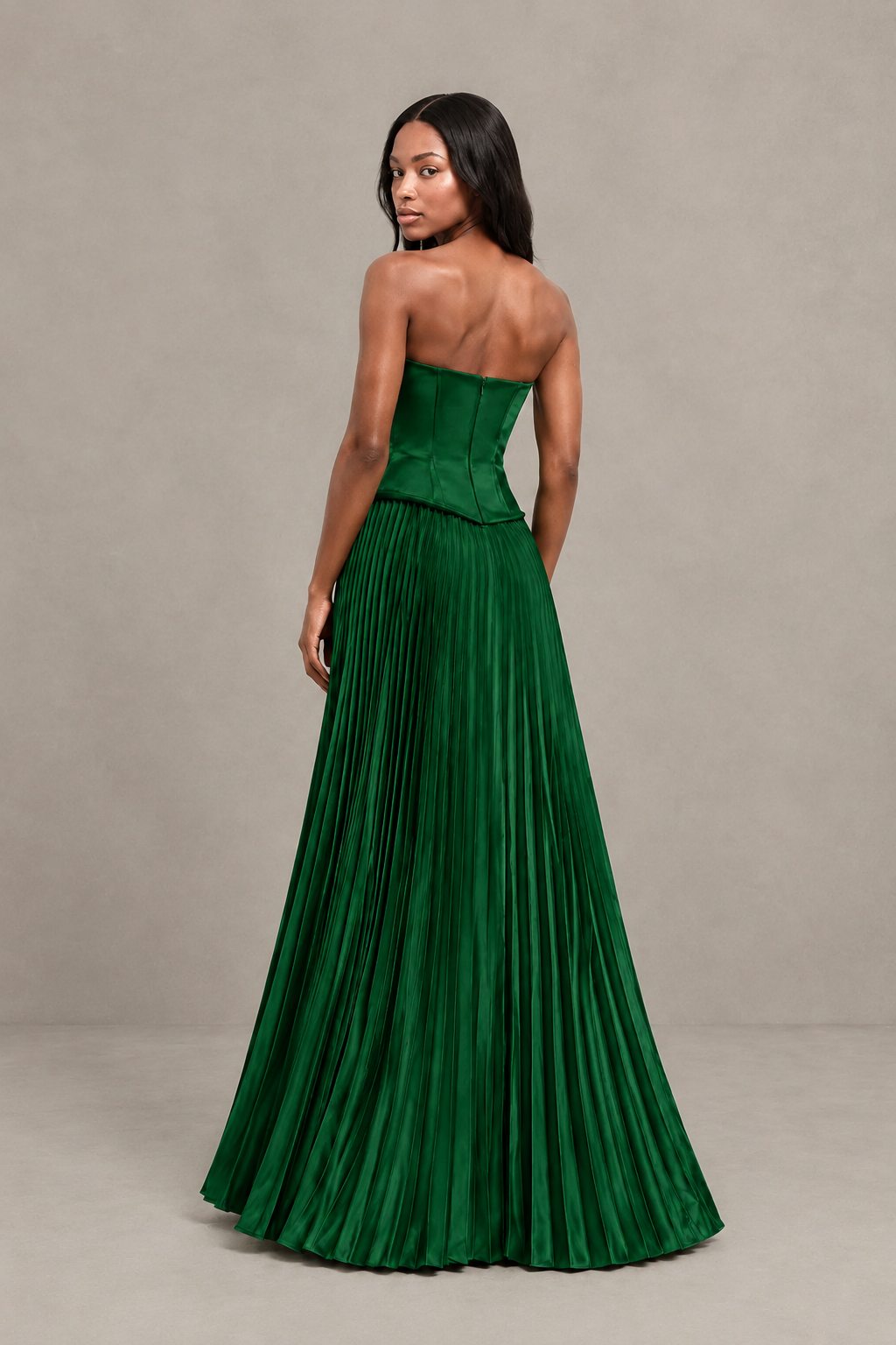BOLODOO Emerald Green Strapless Pleated Satin Evening Prom Dress - Emerald Green
