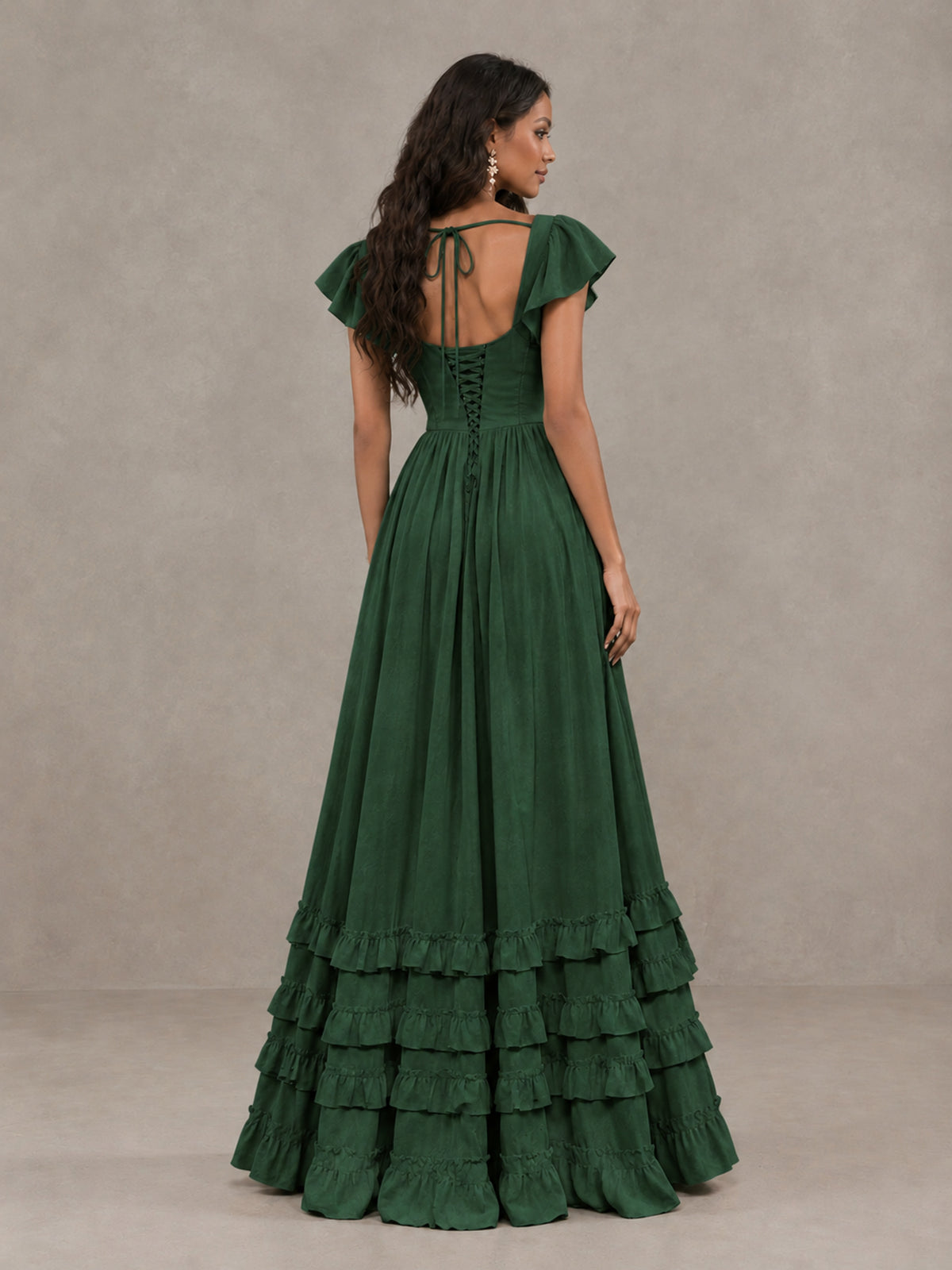 BOLODOO Emerald Green Flutter Sleeve Ruffle Bridesmaid Dress with Slit - Emerald Green - Emerald Green (2)