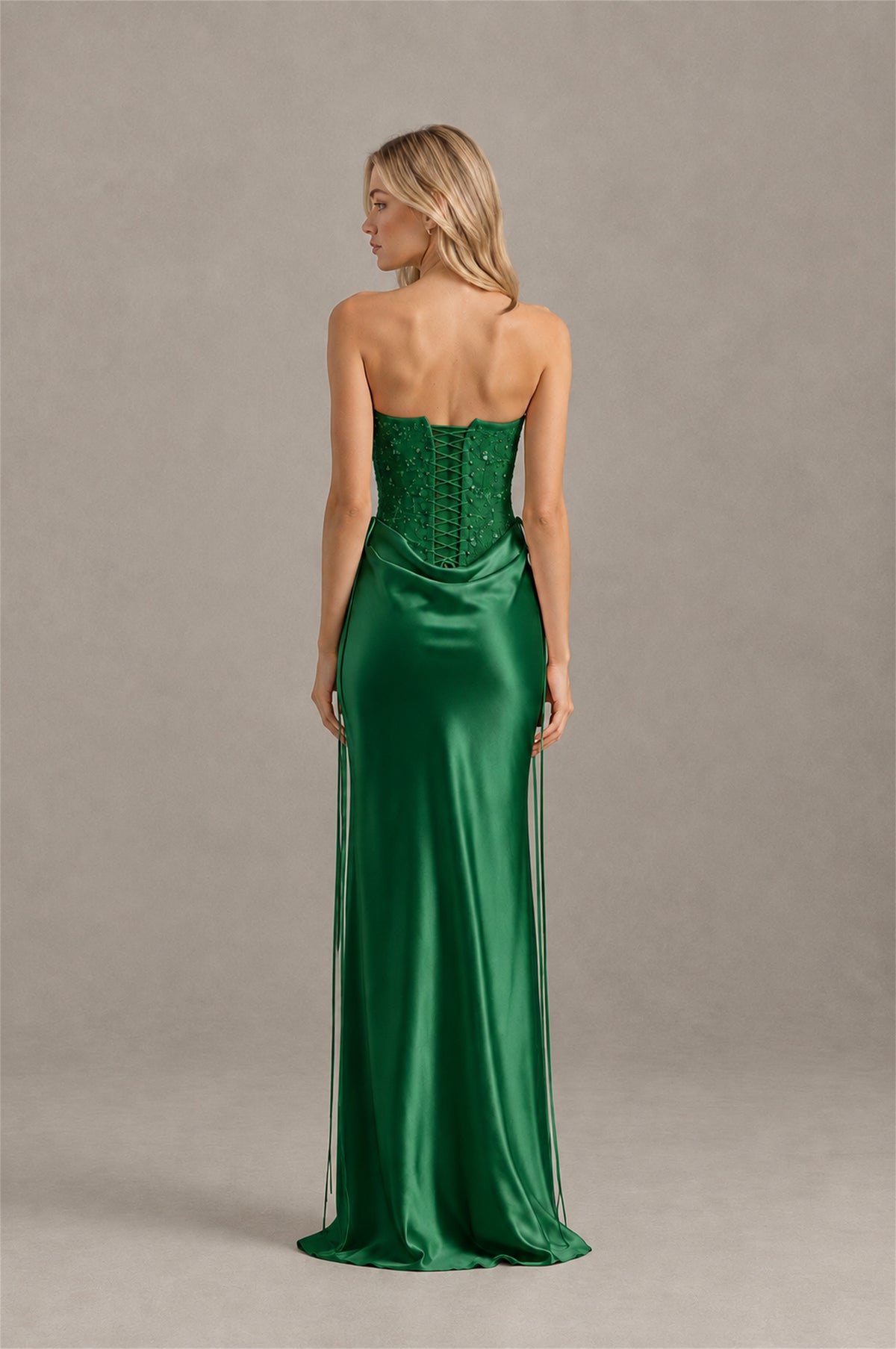 BOLODOO Emerald Green Strapless Embellished Corset Satin-Look Maxi Dress - Emerald Green