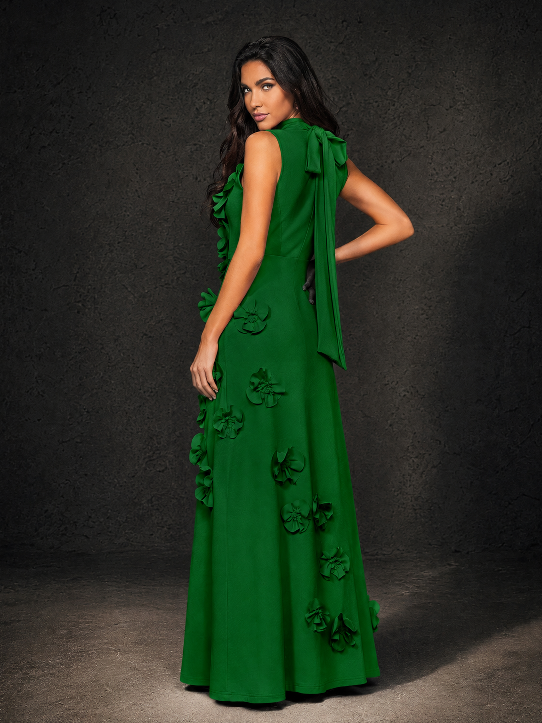 BOLODOO Emerald Green Mock Neck Sleeveless 3D Floral Appliqué Maxi Dress with Bow Back - Emerald Green