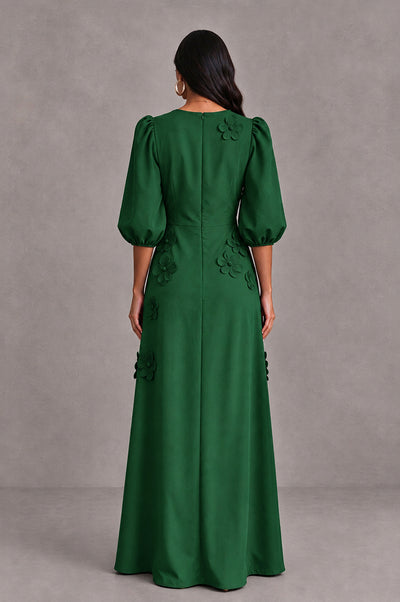 BOLODOO Emerald Green Floral Applique Puff Sleeve A-Line Evening Dress - Emerald Green - Emerald Green (2)