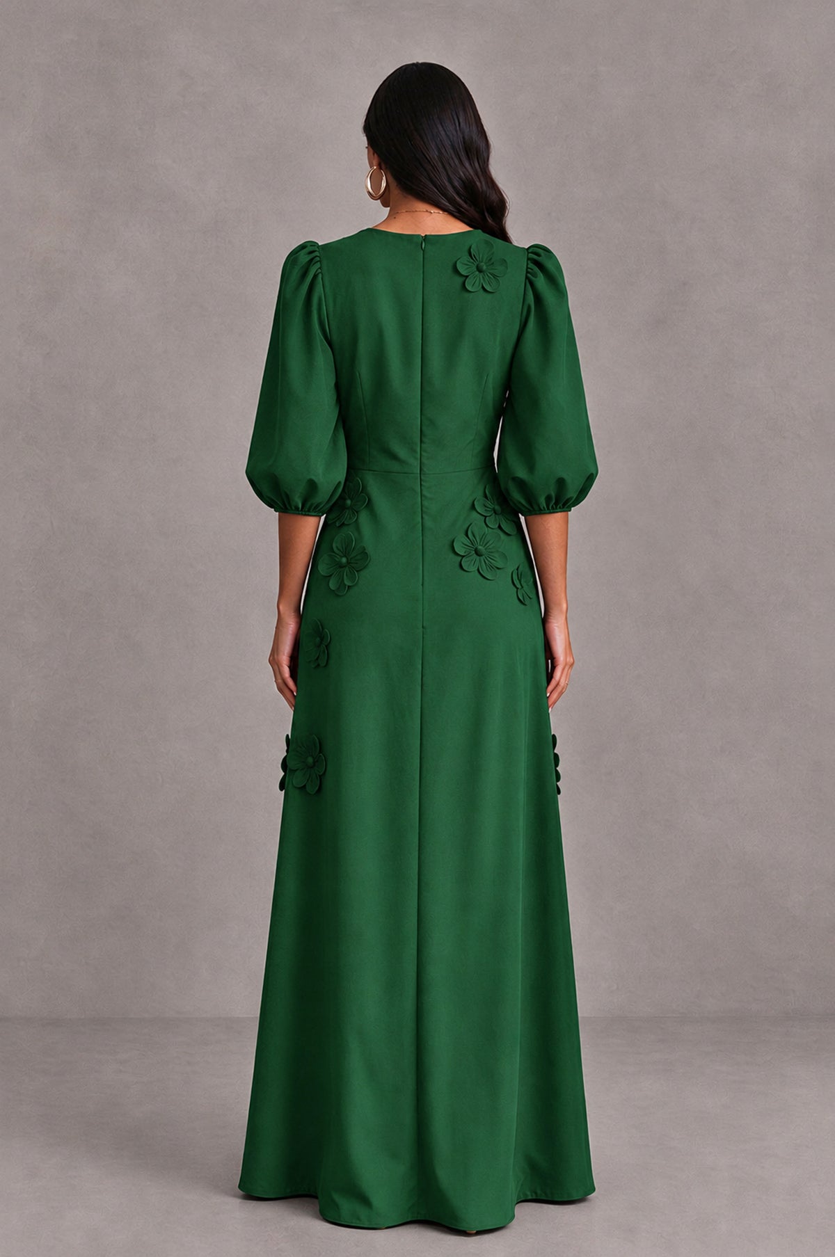 BOLODOO Emerald Green Floral Applique Puff Sleeve A-Line Evening Dress - Emerald Green - Emerald Green (2)