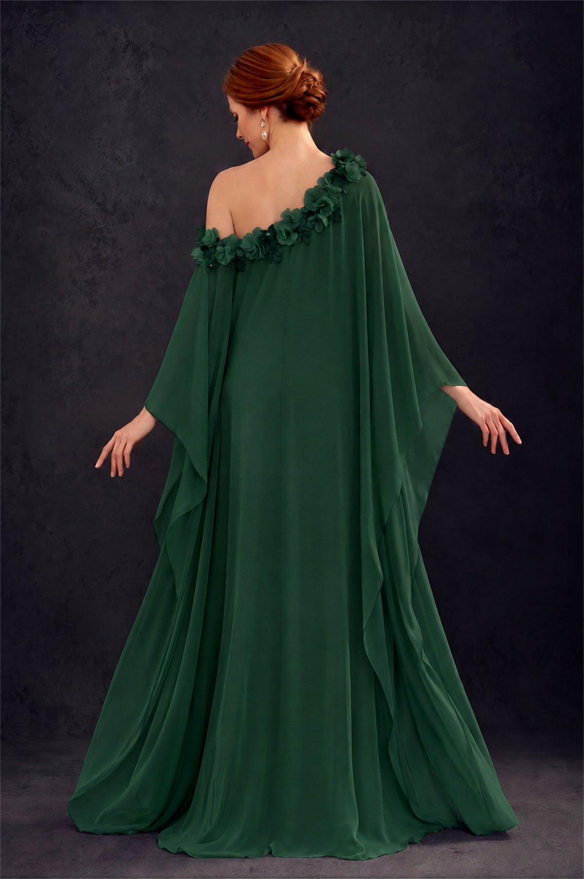 BOLODOO Emerald Green 2-Piece Set: Off-Shoulder 3D Floral Cape Gown & One-Shoulder Wide-Leg Jumpsuit | BD0373 - Emerald Green