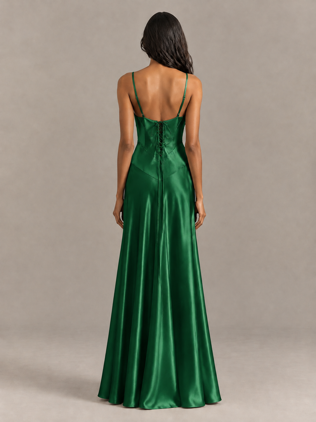 BOLODOO Emerald Green Satin Lace-Up Back Maxi Dress - Emerald Green