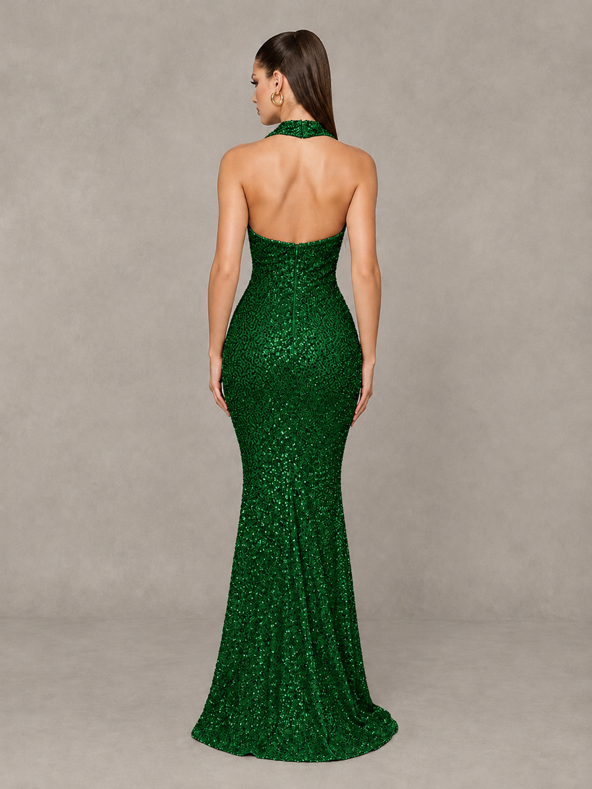 BOLODOO Emerald Green Sequin Halter Mermaid Evening Gown - Emerald Green - Emerald Green (2)