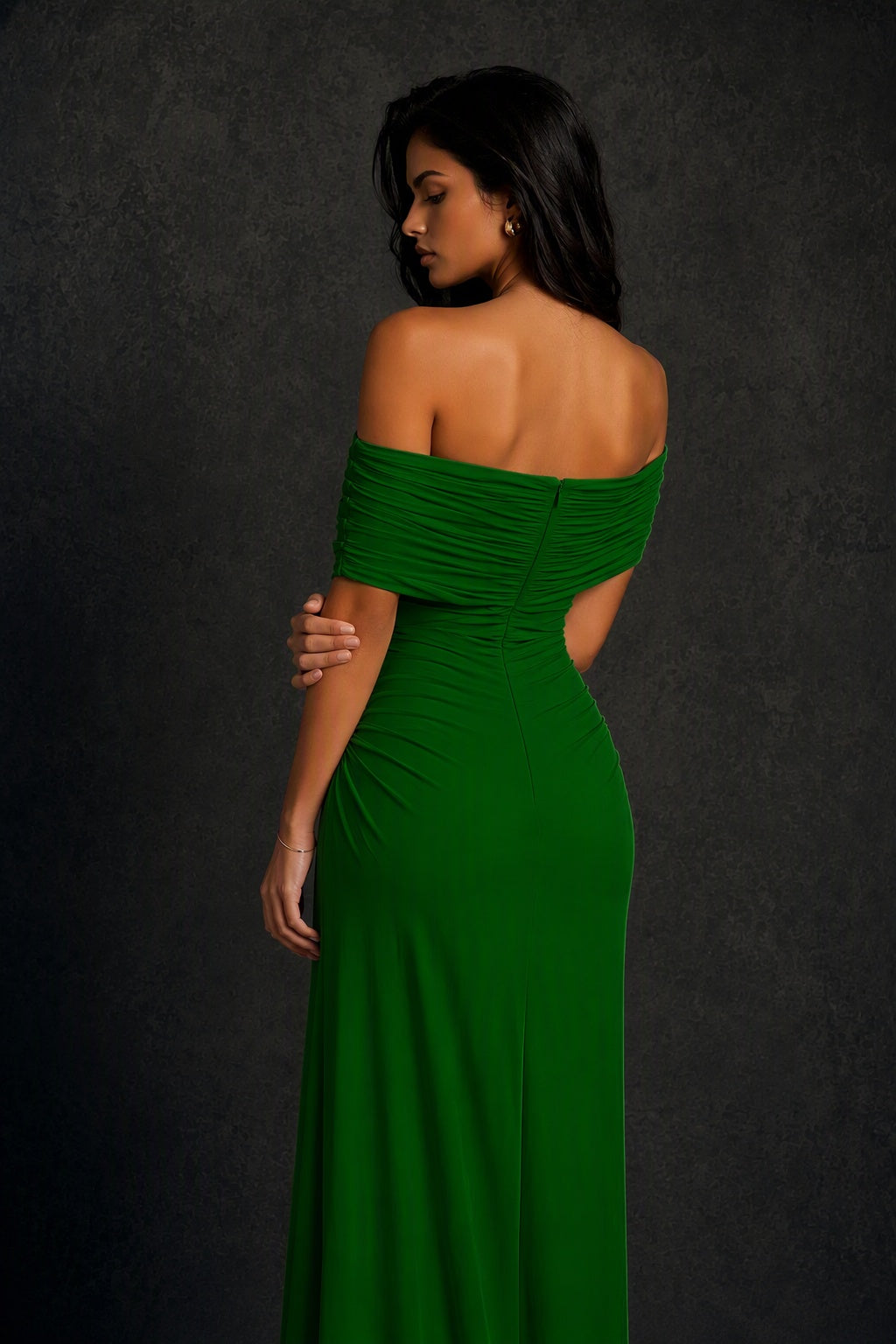 BOLODOO Emerald Green Off-Shoulder Ruched Maxi Dress - Emerald Green
