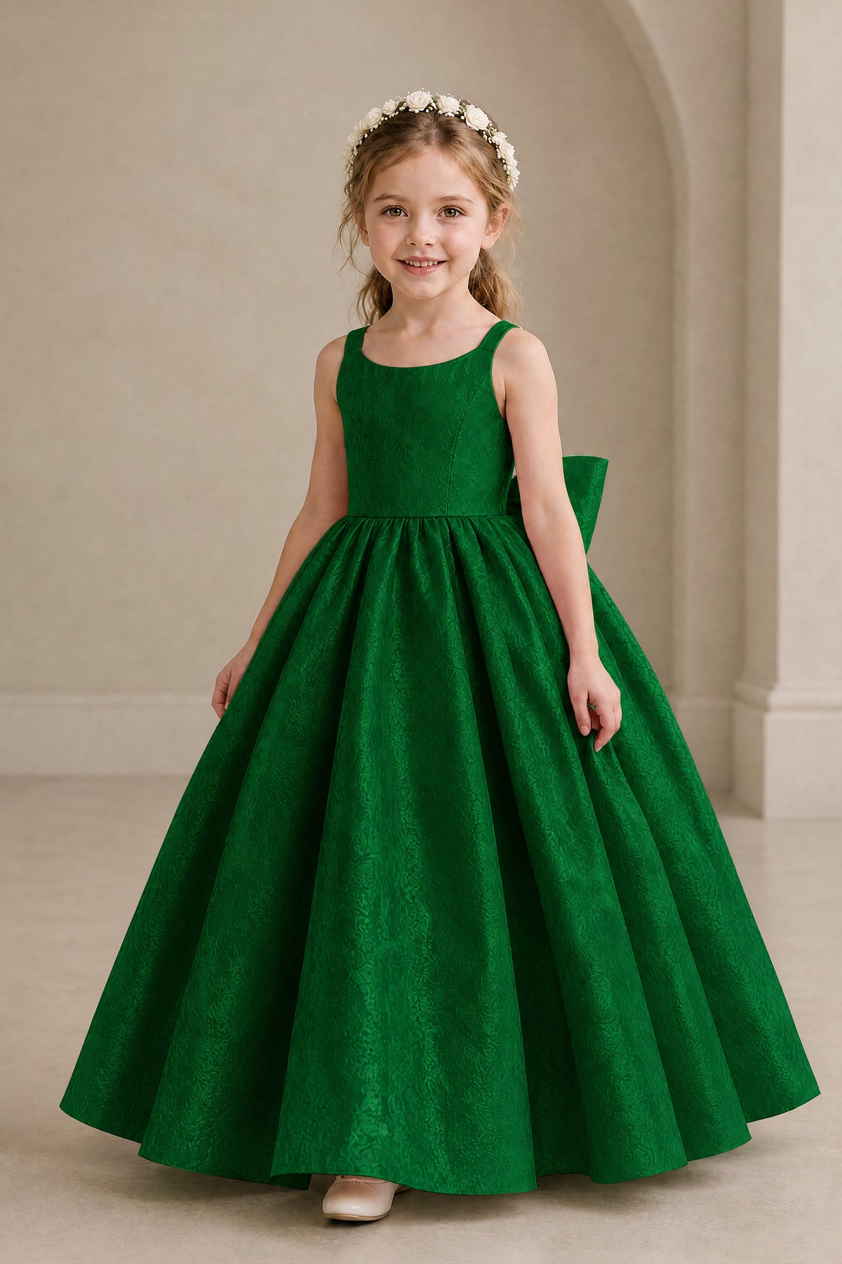 BOLODOO Emerald Green Girls' A-Line Flower Girl Dress with Back Bow - Emerald Green