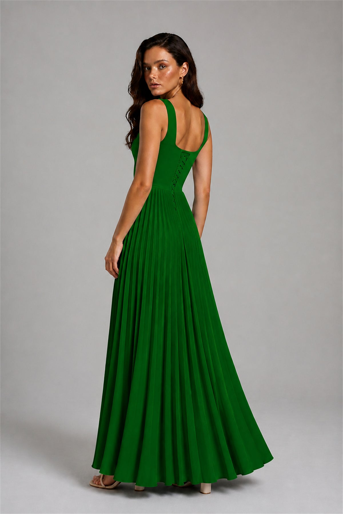 BOLODOO Emerald Green Square Neck Wide Strap Lace-Up Back Pleated A-Line Chiffon Maxi Dress - Emerald Green