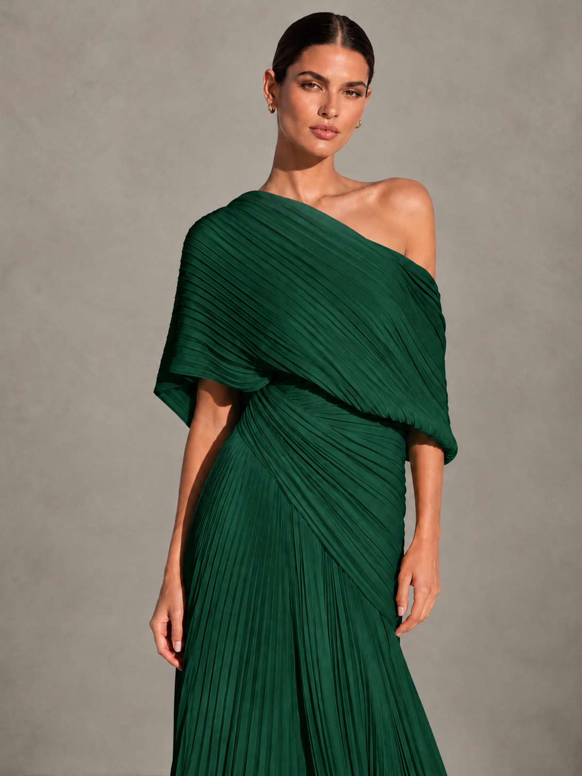 BOLODOO Emerald Green One-Shoulder Pleated Cape Evening Gown with Train - Emerald Green - Emerald Green (3)