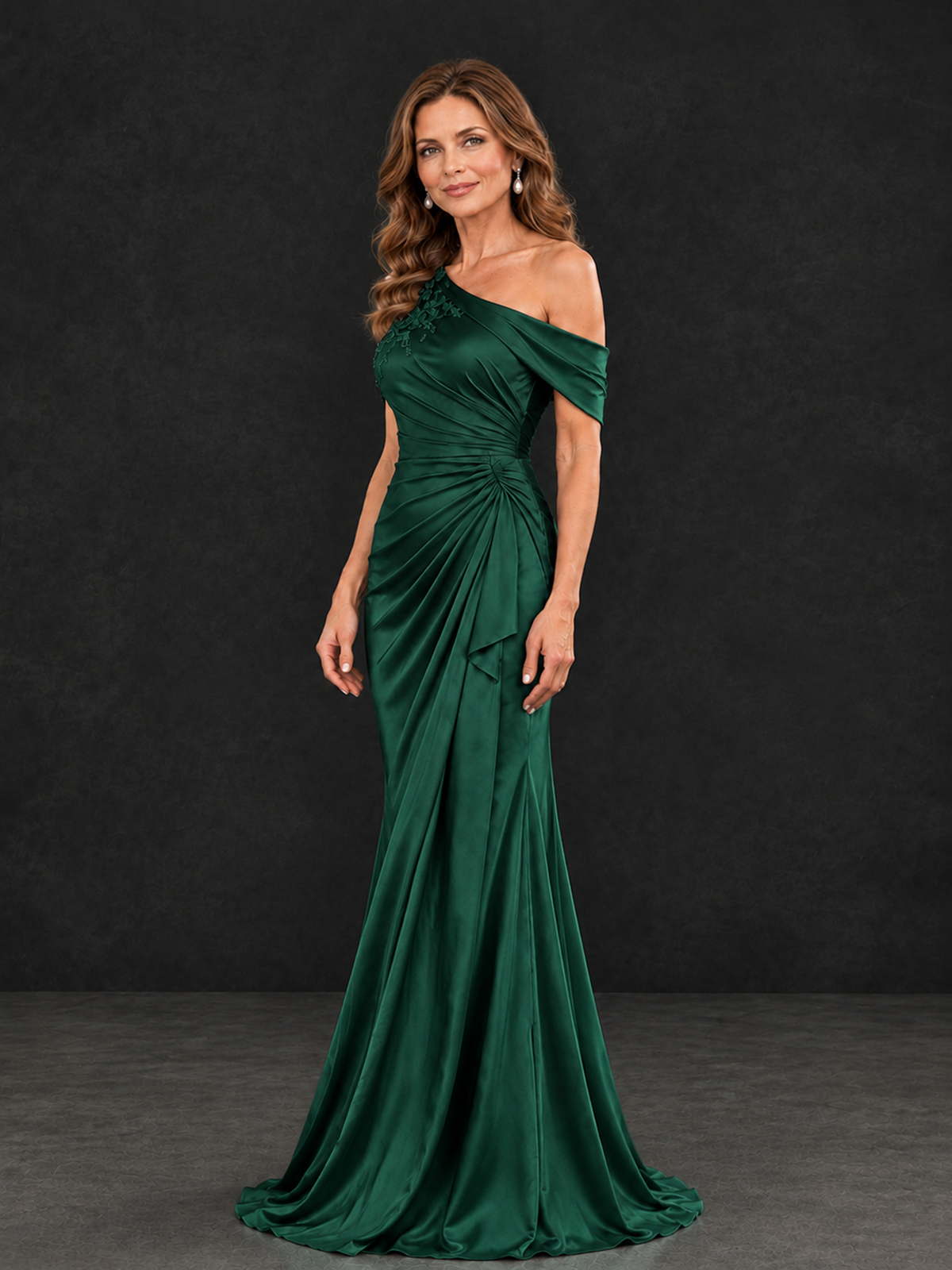 BOLODOO Emerald Green Asymmetric Satin Mother of the Bride Dress with Lace Sleeve - Emerald Green - Emerald Green (3)