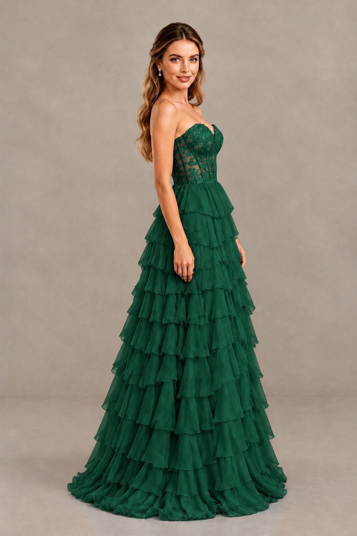 BOLODOO Emerald Green Strapless Lace Corset Tiered Ruffle Prom Dress with Slit - Emerald Green - Emerald Green (3)