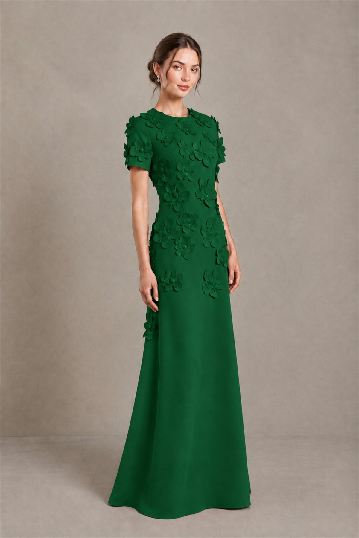 BOLODOO Emerald Green Textured Floral Maxi Dress with Short Sleeves - Emerald Green