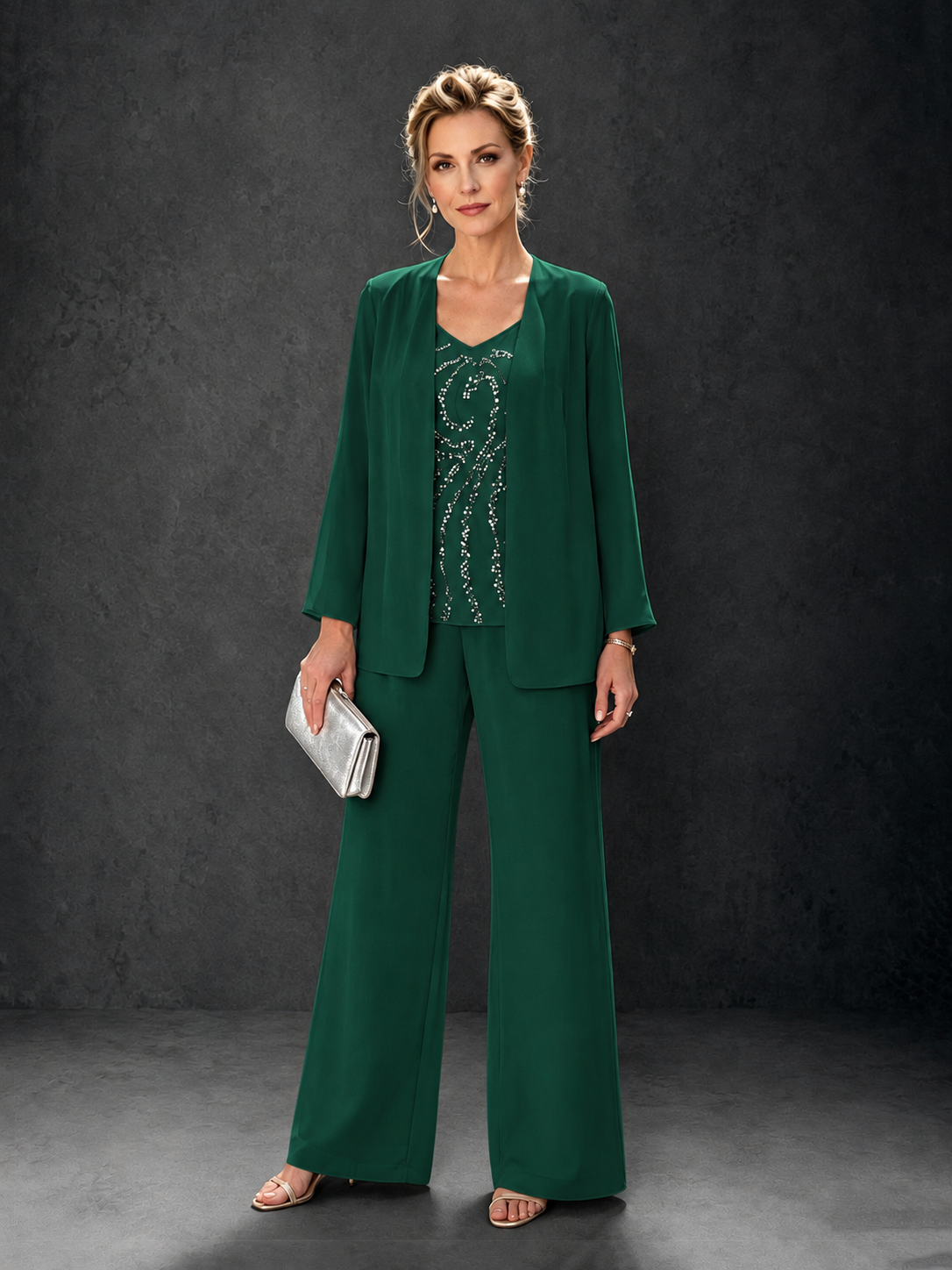 BOLODOO Emerald Green 3-Piece Mother of the Bride Pant Suit with Beaded Top & Chiffon Jacket - Emerald Green