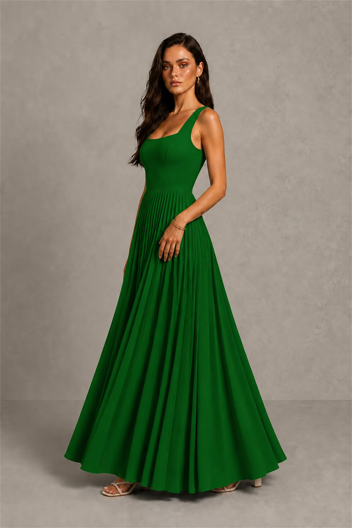 BOLODOO Emerald Green Square Neck Wide Strap Lace-Up Back Pleated A-Line Chiffon Maxi Dress - Emerald Green