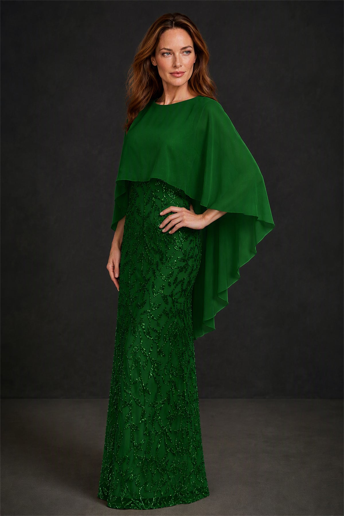 BOLODOO Emerald Green Round Neck Chiffon Cape Overlay Sequin Lace Mermaid Maxi Dress - Emerald Green