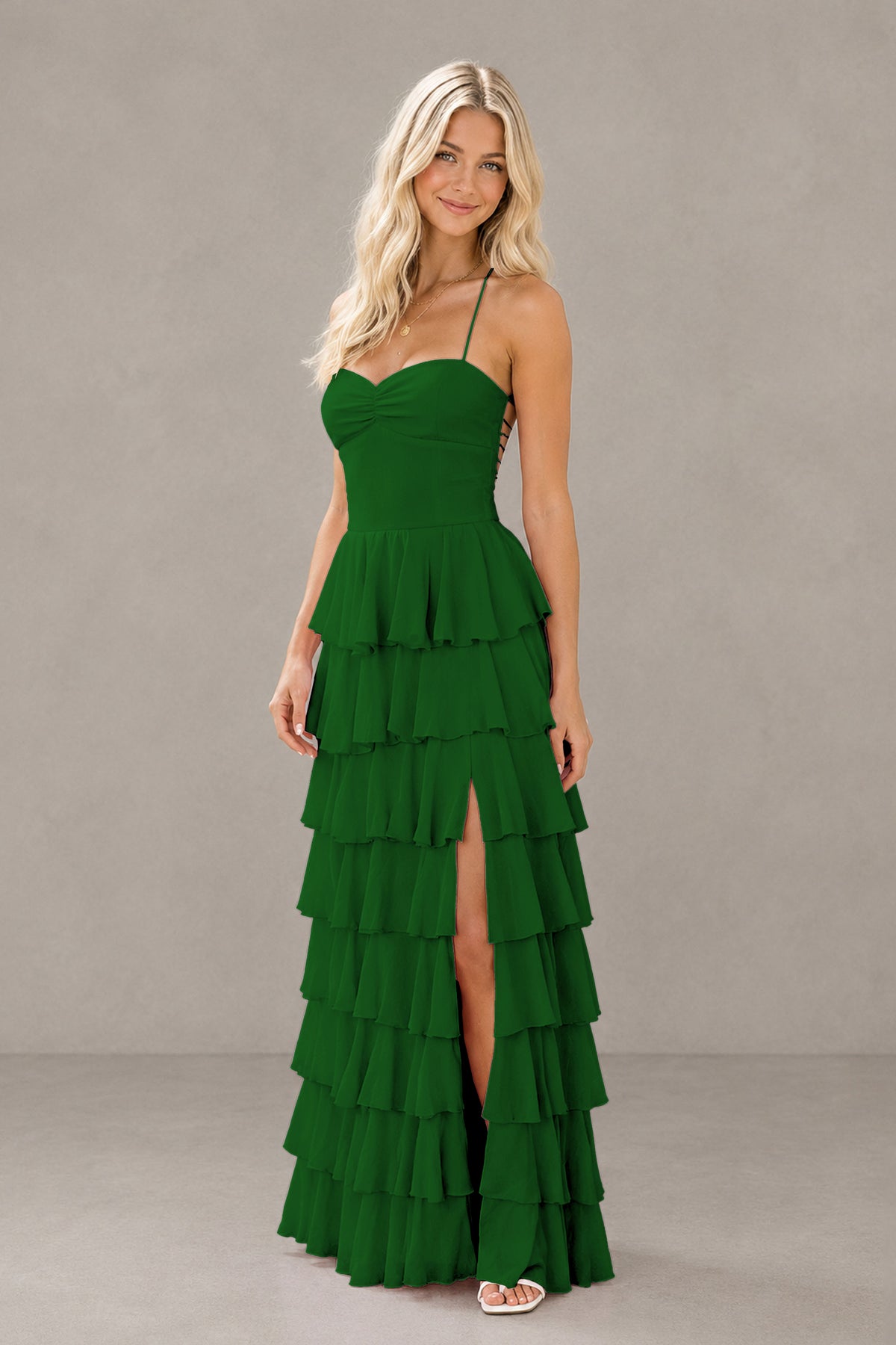 BOLODOO Emerald Green Strapless Tiered Ruffle Maxi Dress with Slit & Lace-Up Back - Emerald Green