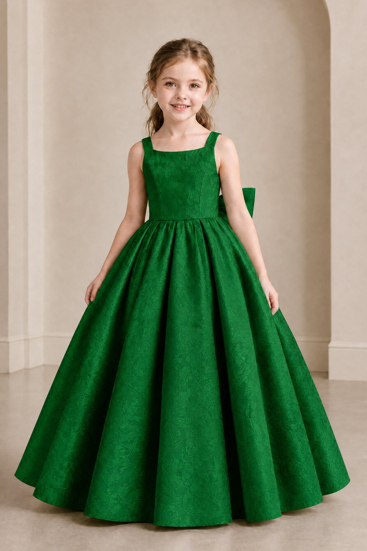 BOLODOO Emerald Green Girls' A-Line Flower Girl Dress with Back Bow - Emerald Green