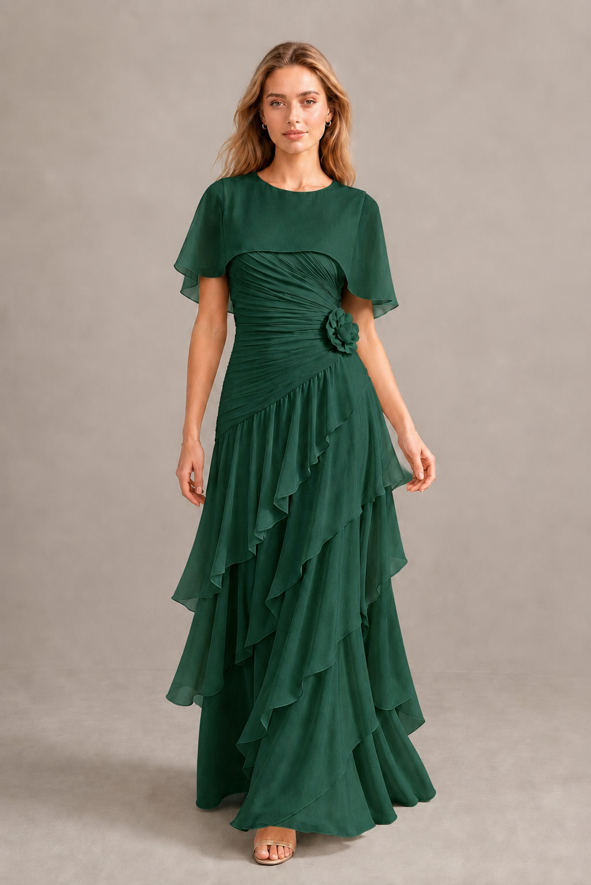 BOLODOO Emerald Green Chiffon Flutter Sleeve Tiered Maxi Dress with 3D Rosette - Emerald Green