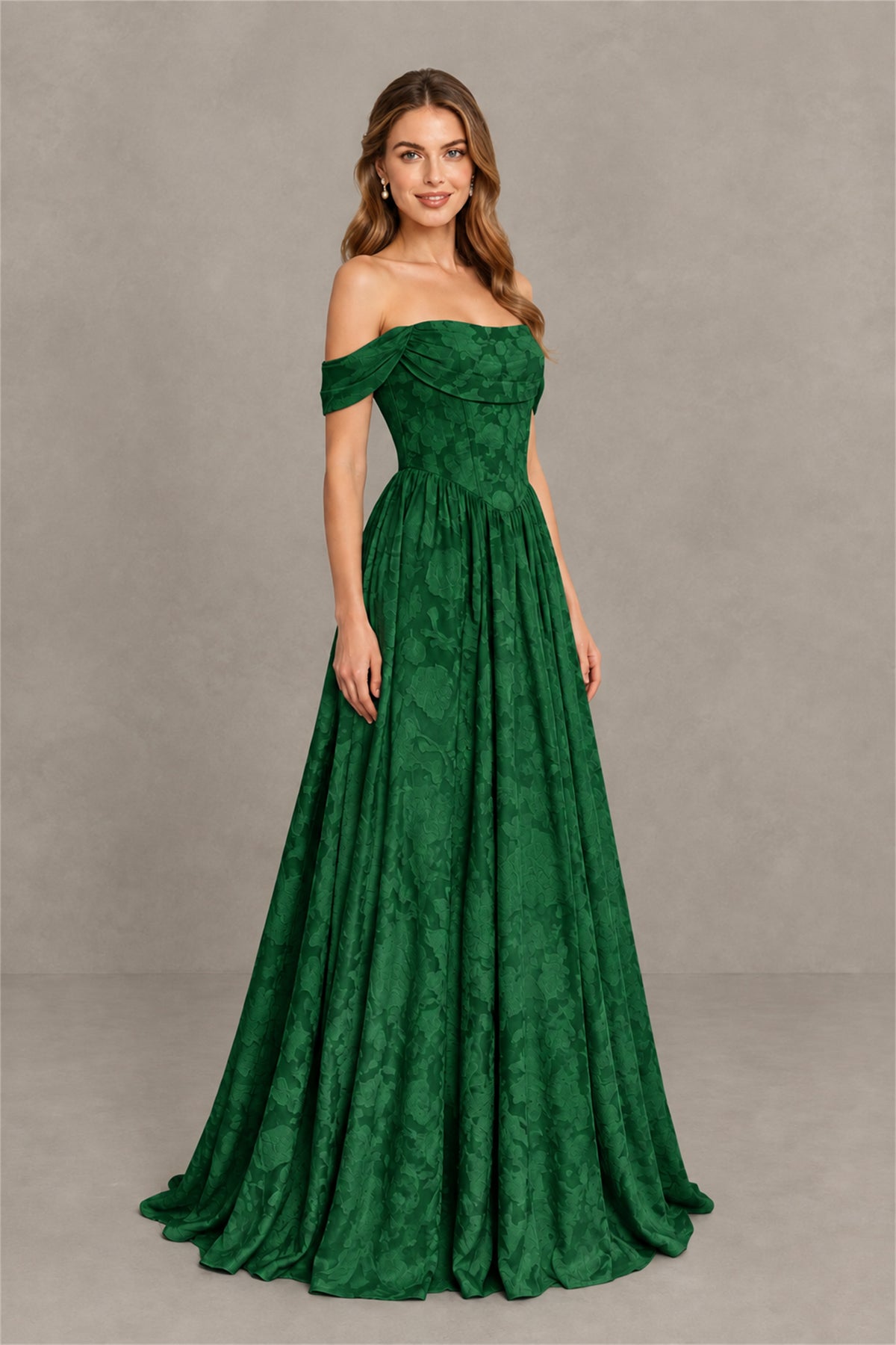 BOLODOO Emerald Green Off-Shoulder Floral A-Line Maxi Dress - Emerald Green