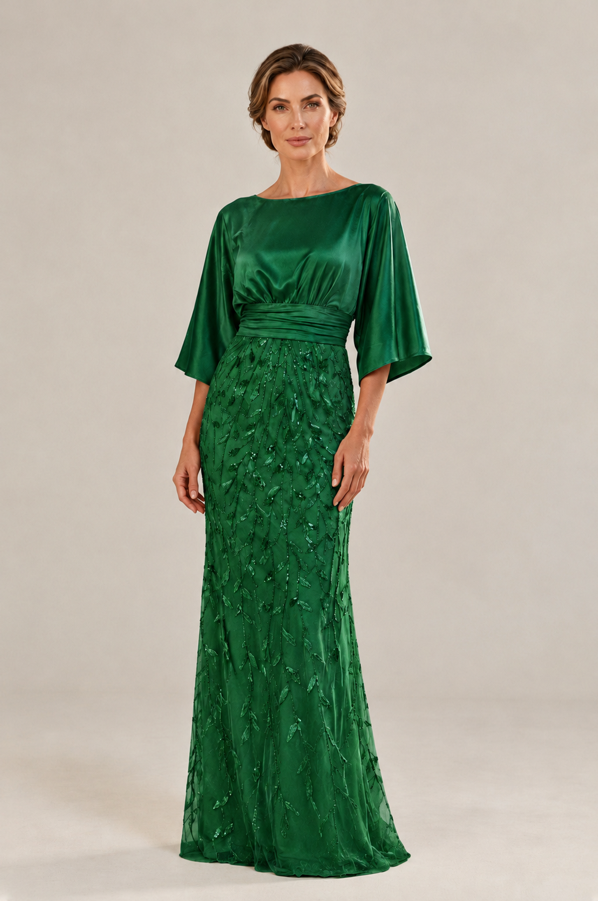 BOLODOO Emerald Green Mother of the Bride Dress with Kimono Sleeves, Satin Bodice & Sequin Embroidered Mermaid Floor-Length Gown - Emerald Green - Emerald Green (3)