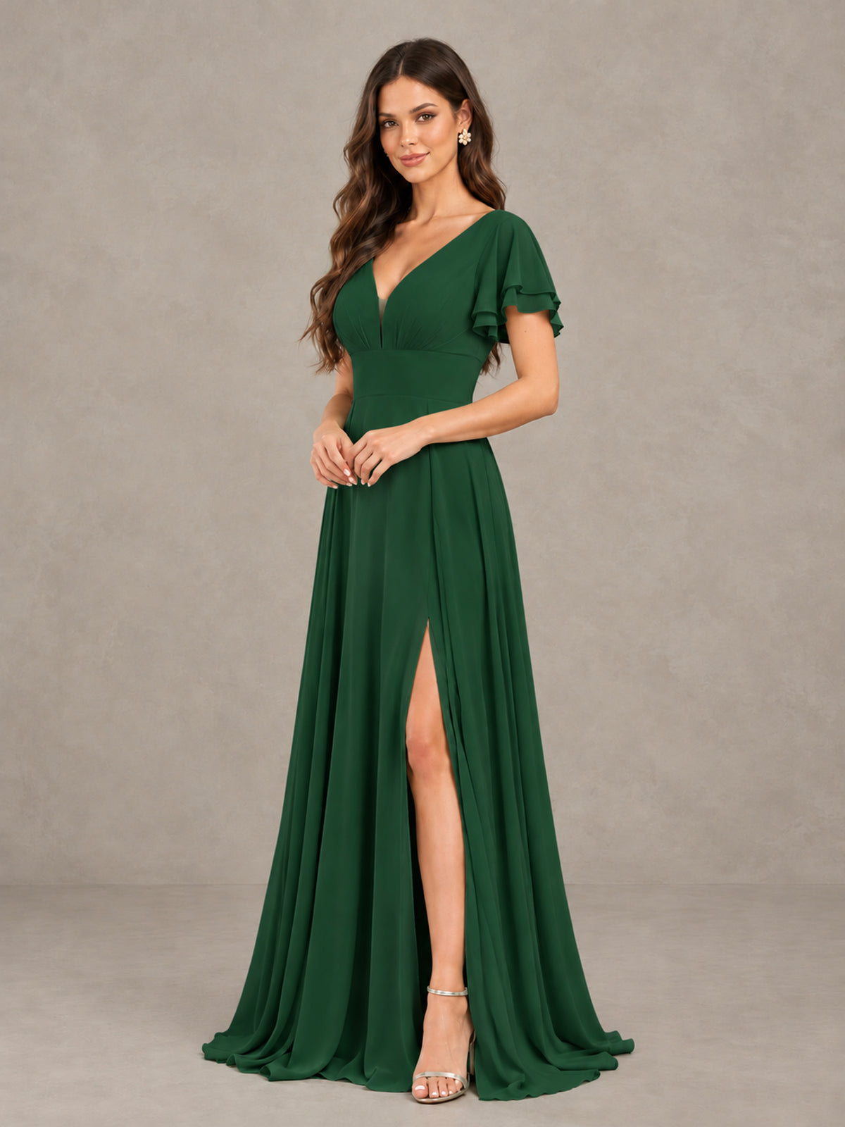 BOLODOO Emerald Green Flutter Sleeve Chiffon A-Line Maxi Bridesmaid Dress with Open Back & Slit - Emerald Green - Emerald Green (3)