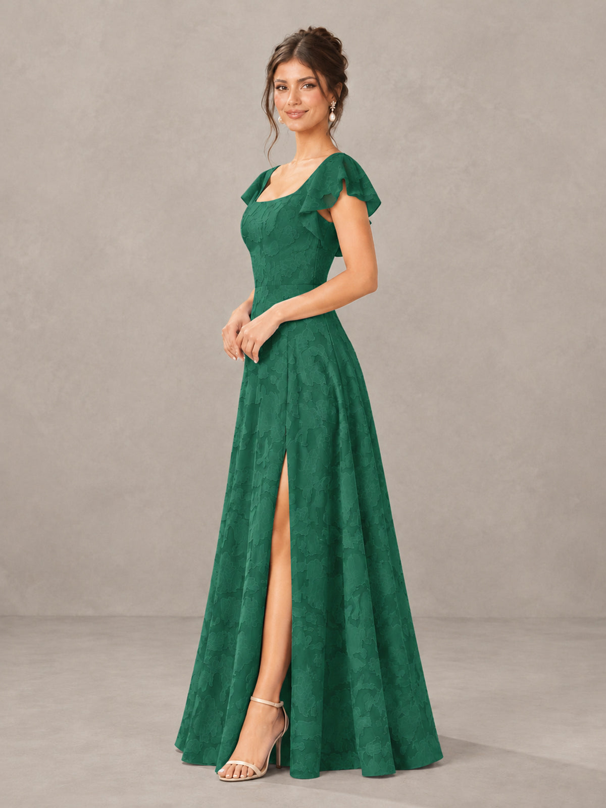 BOLODOO Emerald Green Floral Flutter Sleeve Bridesmaid Dress with Slit - Emerald Green - Emerald Green (3)