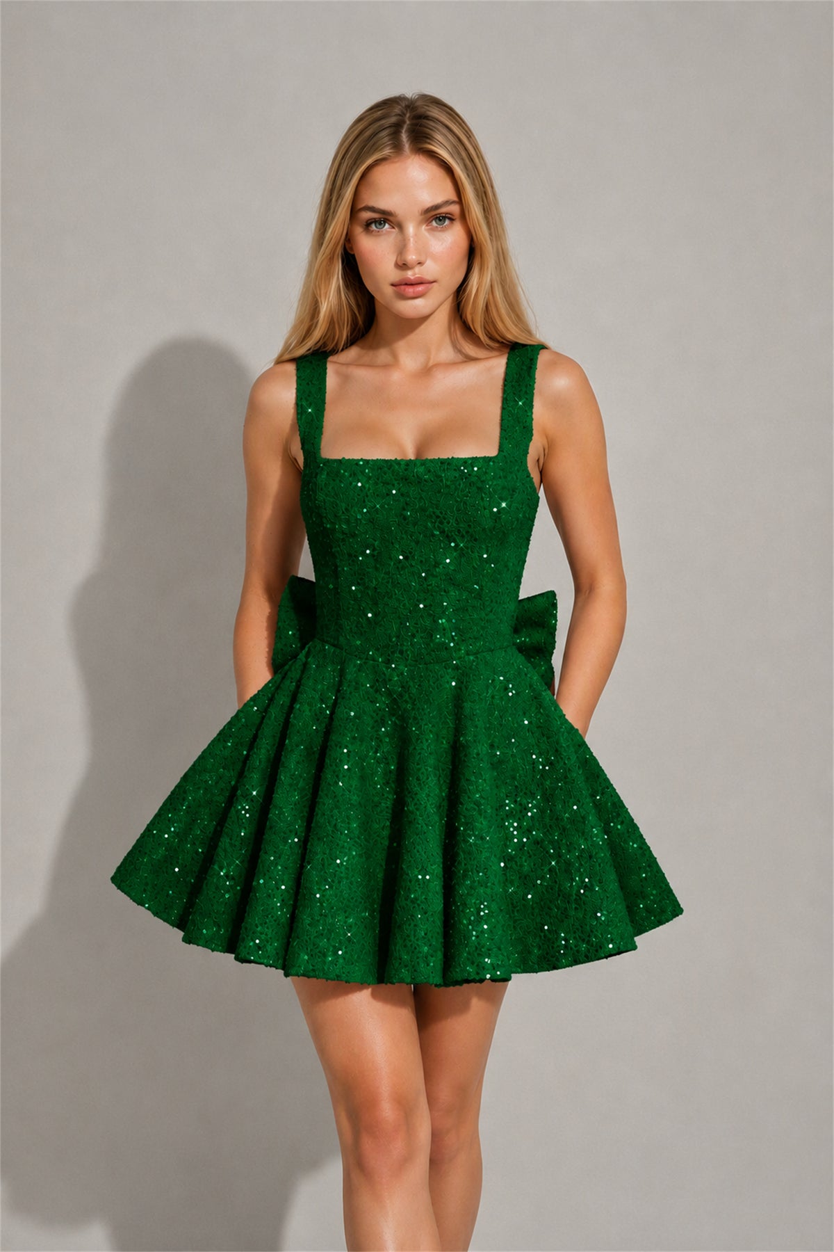 BOLODOO Emerald Green Sequin Square Neck Wide Strap Bow Waist Open Back Fit and Flare Mini Dress | Prom Birthday Party Dress - Emerald Green