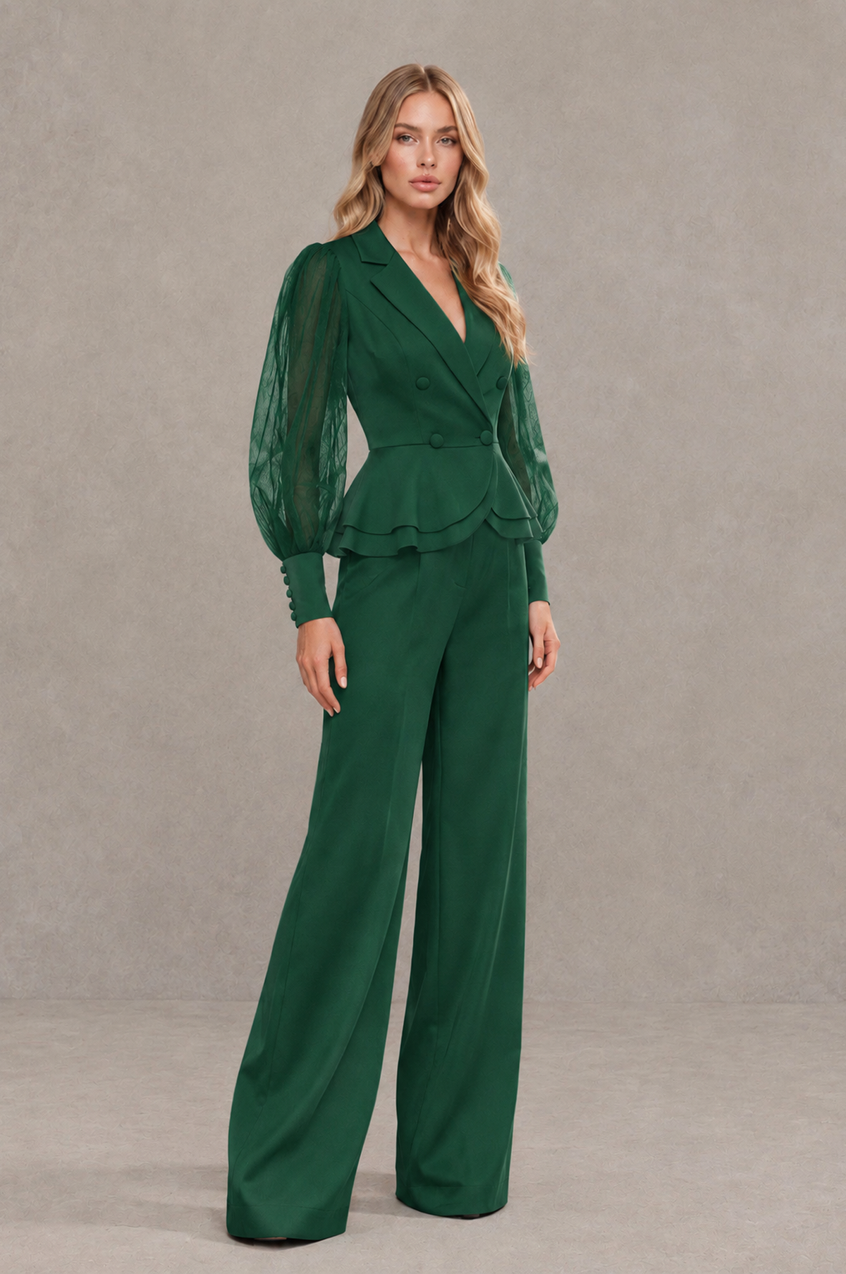 BOLODOO Mint Emerald Green Peplum Blazer Wide-Leg Pantsuit with Sheer Puff Sleeves - Emerald Green