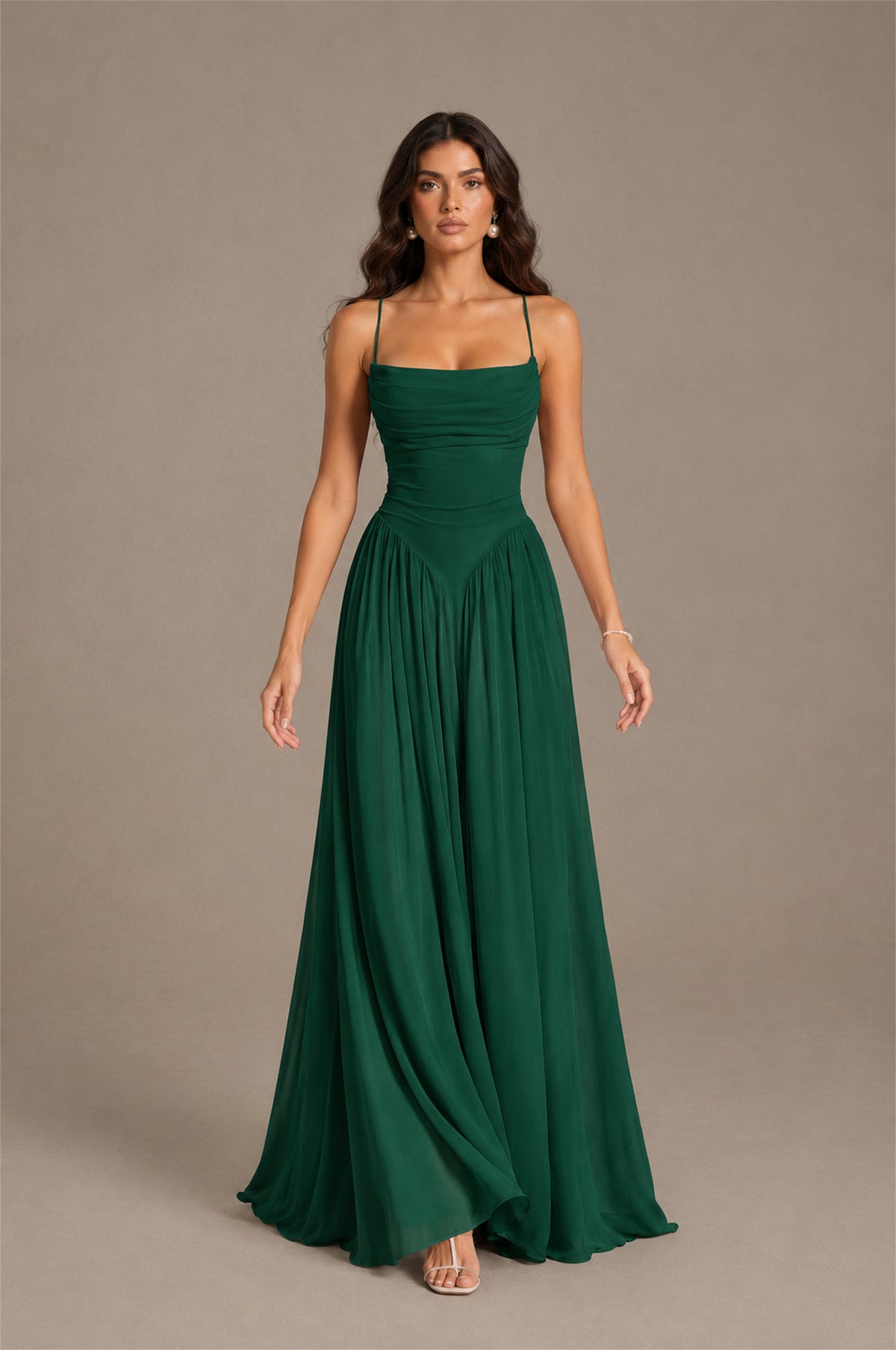 BOLODOO Emerald Green Spaghetti Strap Square Neck Ruched Chiffon Maxi Dress with Lace-Up Back - Emerald Green