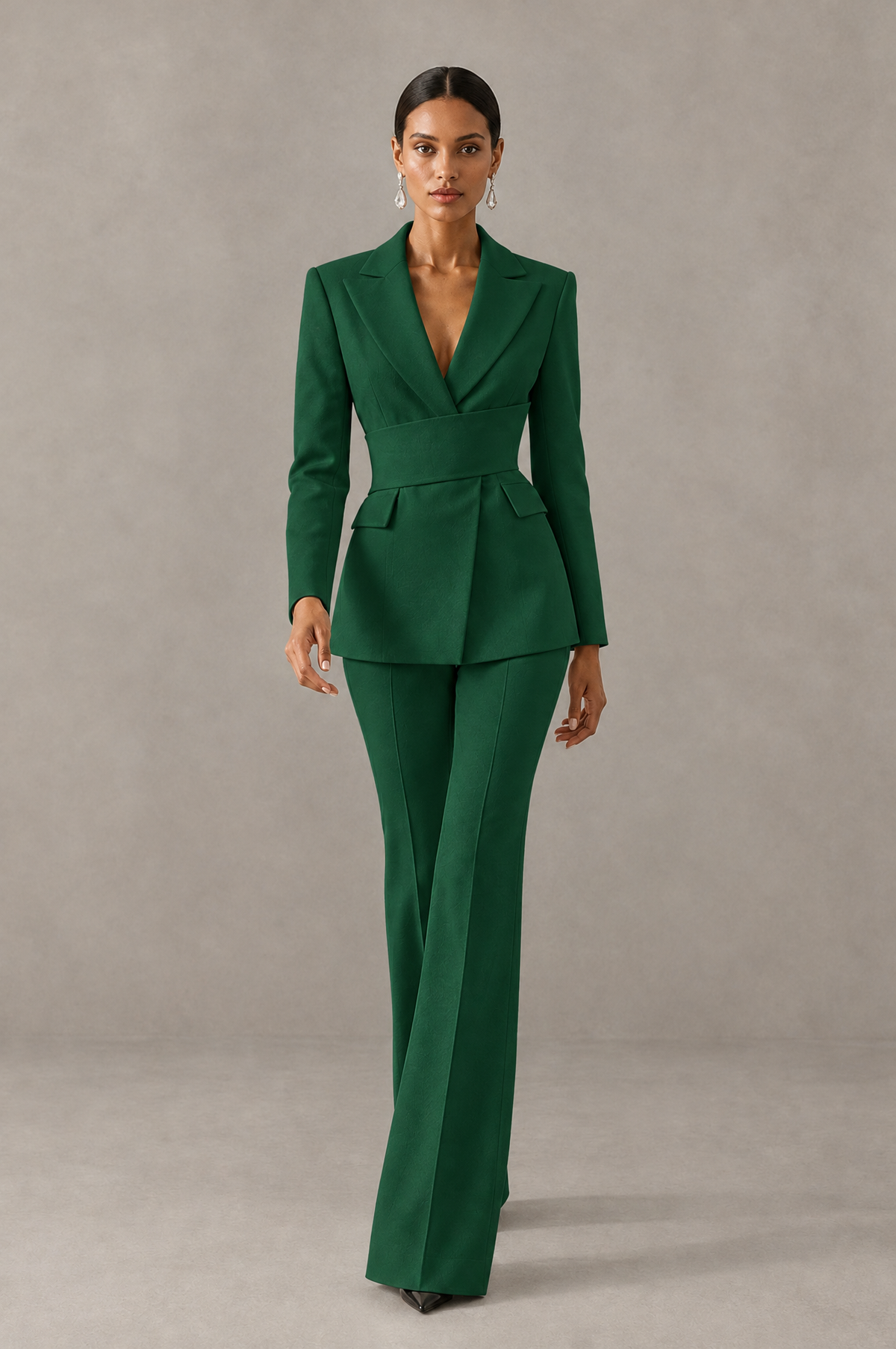 BOLODOO Emerald Green Two-Piece Pantsuit with Tailored Blazer & Flared Pants - Emerald Green - Emerald Green (3)