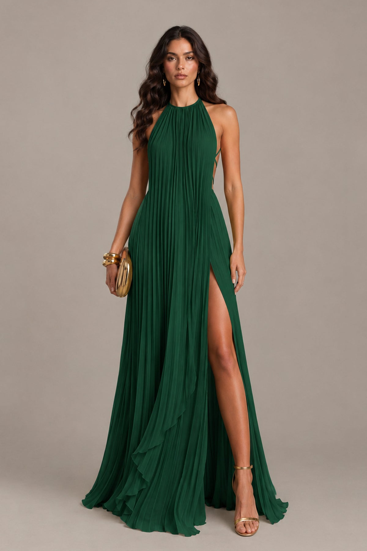 BOLODOO Emerald Green Halter Neck Pleated Chiffon Maxi Dress with Side Slit - Emerald Green