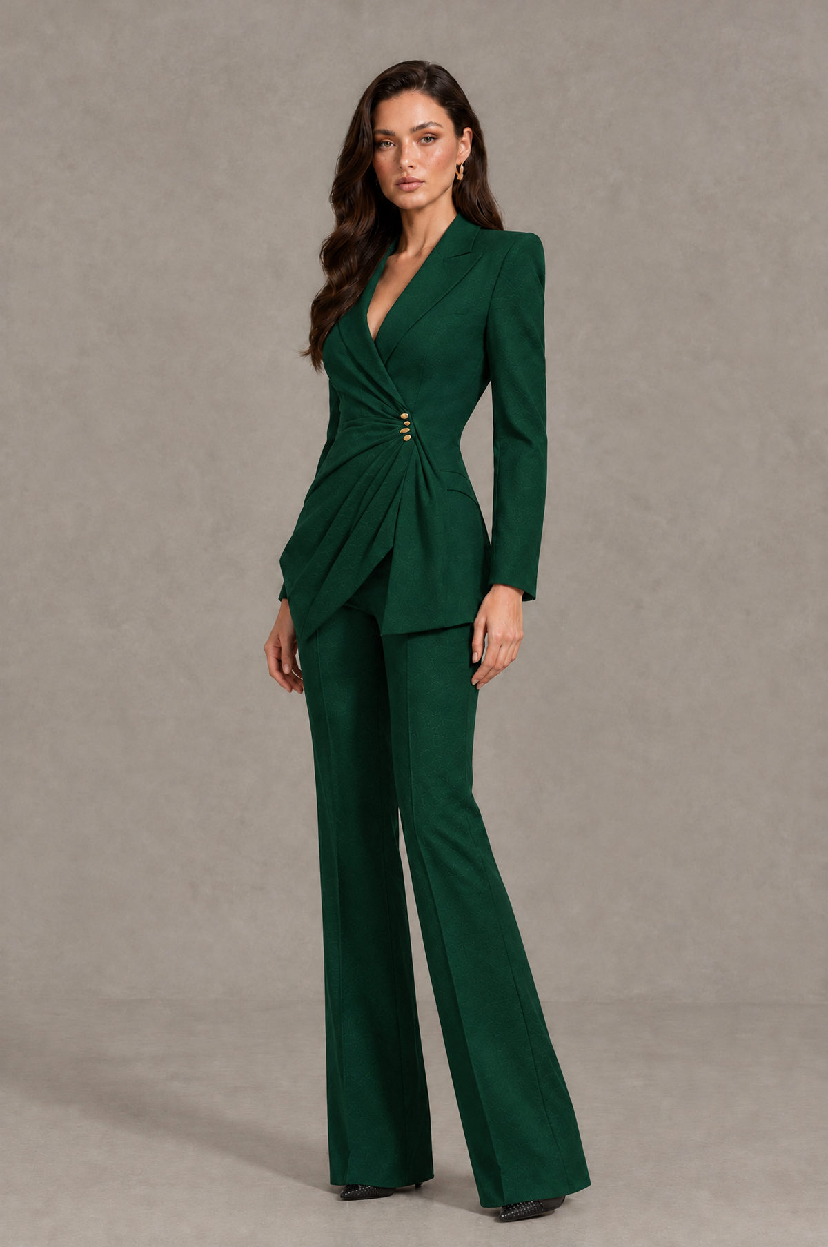 BOLODOO Emerald Green Long Sleeve Wrap Blazer Pantsuit with Wide-Leg Trousers - Emerald Green - Emerald Green (3)