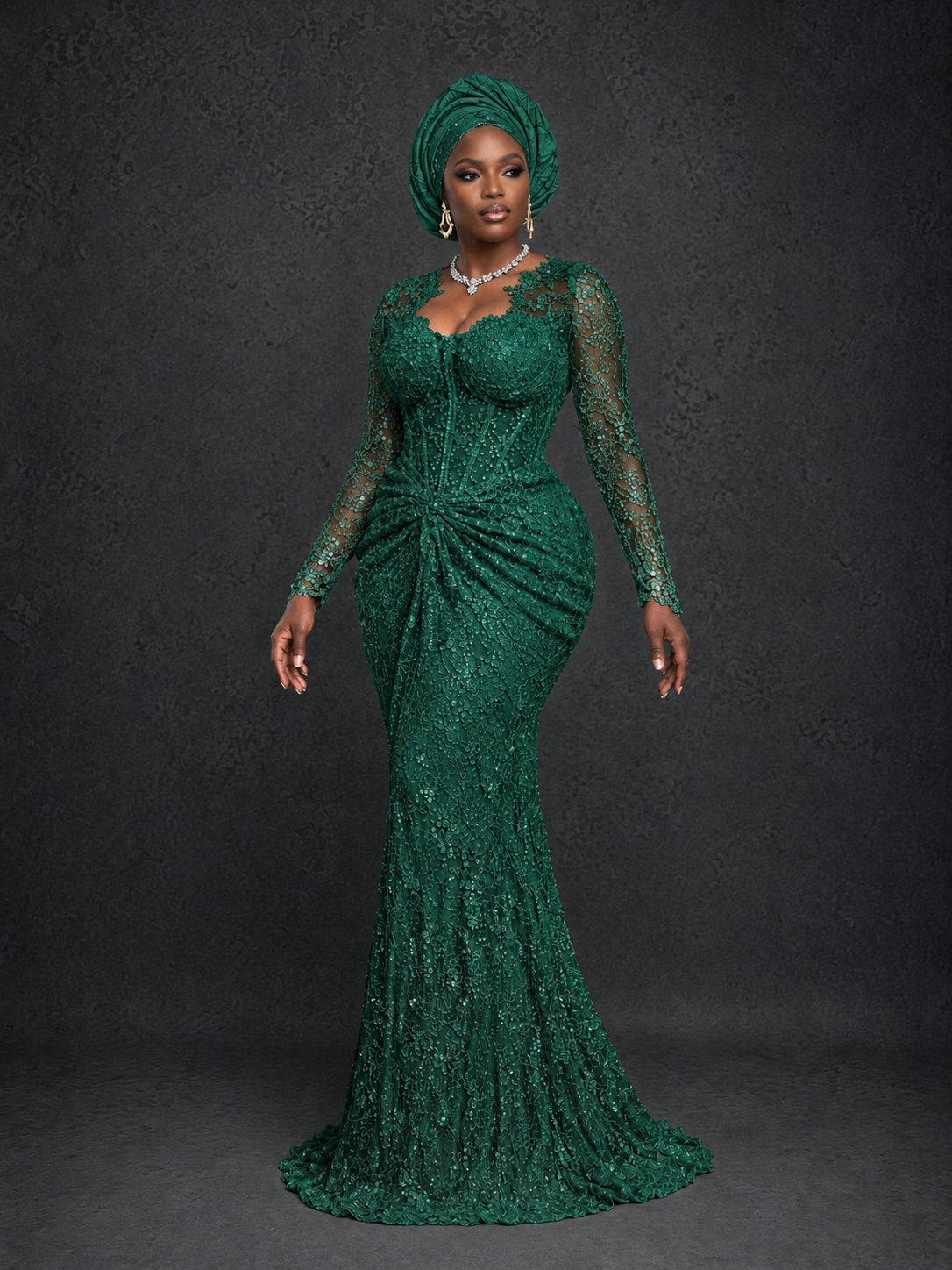 BOLODOO Emerald Green Beaded Lace Long Sleeve Mermaid Gown Sweetheart | Mother of the Bride - Emerald Green