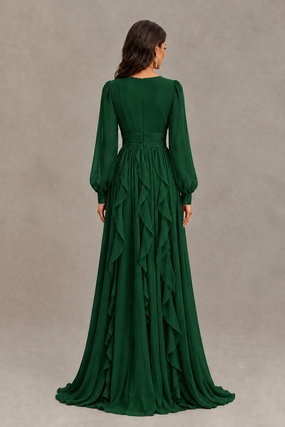 BOLODOO Emerald Green Long Sleeve V-Neck Ruffle Maxi Dress - Emerald Green - Emerald Green (3)