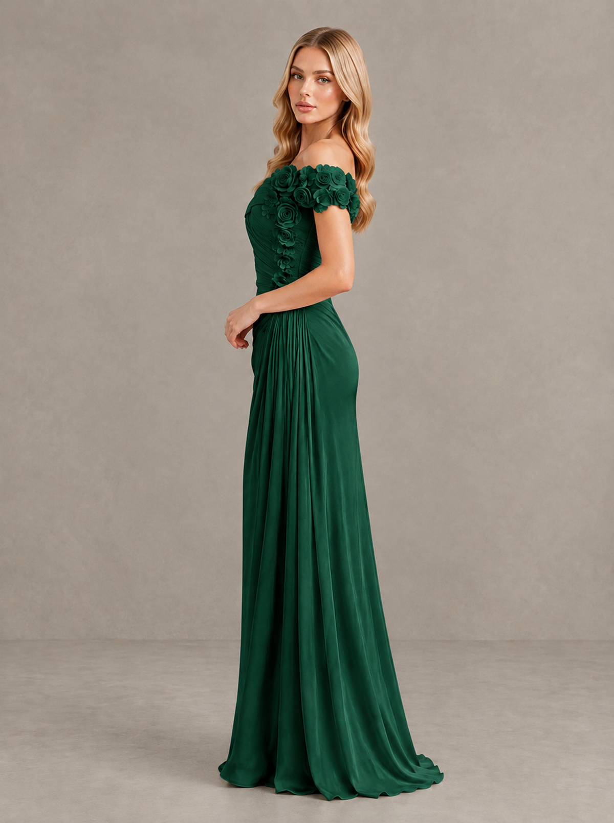 BOLODOO Emerald Green Off-Shoulder Floral Applique Wedding Guest Maxi Dress - Emerald Green - Emerald Green (3)
