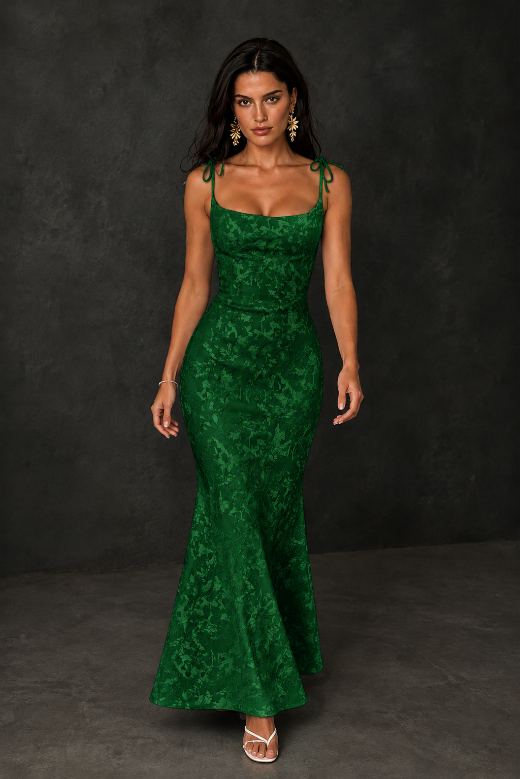 BOLODOO Emerald Green Scoop Neck Tie Strap Lace-Up Back Floral Jacquard Mermaid Maxi Dress - Emerald Green