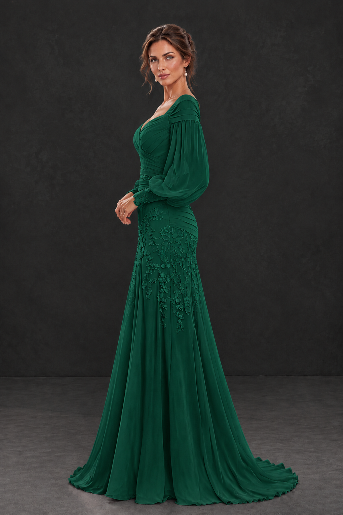 BOLODOO Emerald Green Long Sleeve Mother of the Bride Dress with Floral Appliqués - Emerald Green - Emerald Green (3)