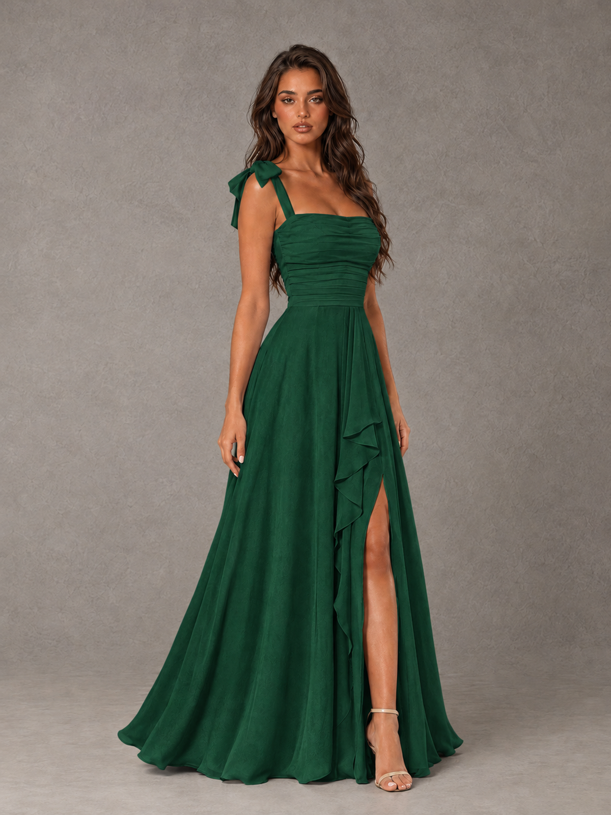 BOLODOO Emerald Green Bow-Strap Bridesmaid Dress with Ruffle Slit - Emerald Green - Emerald Green (3)
