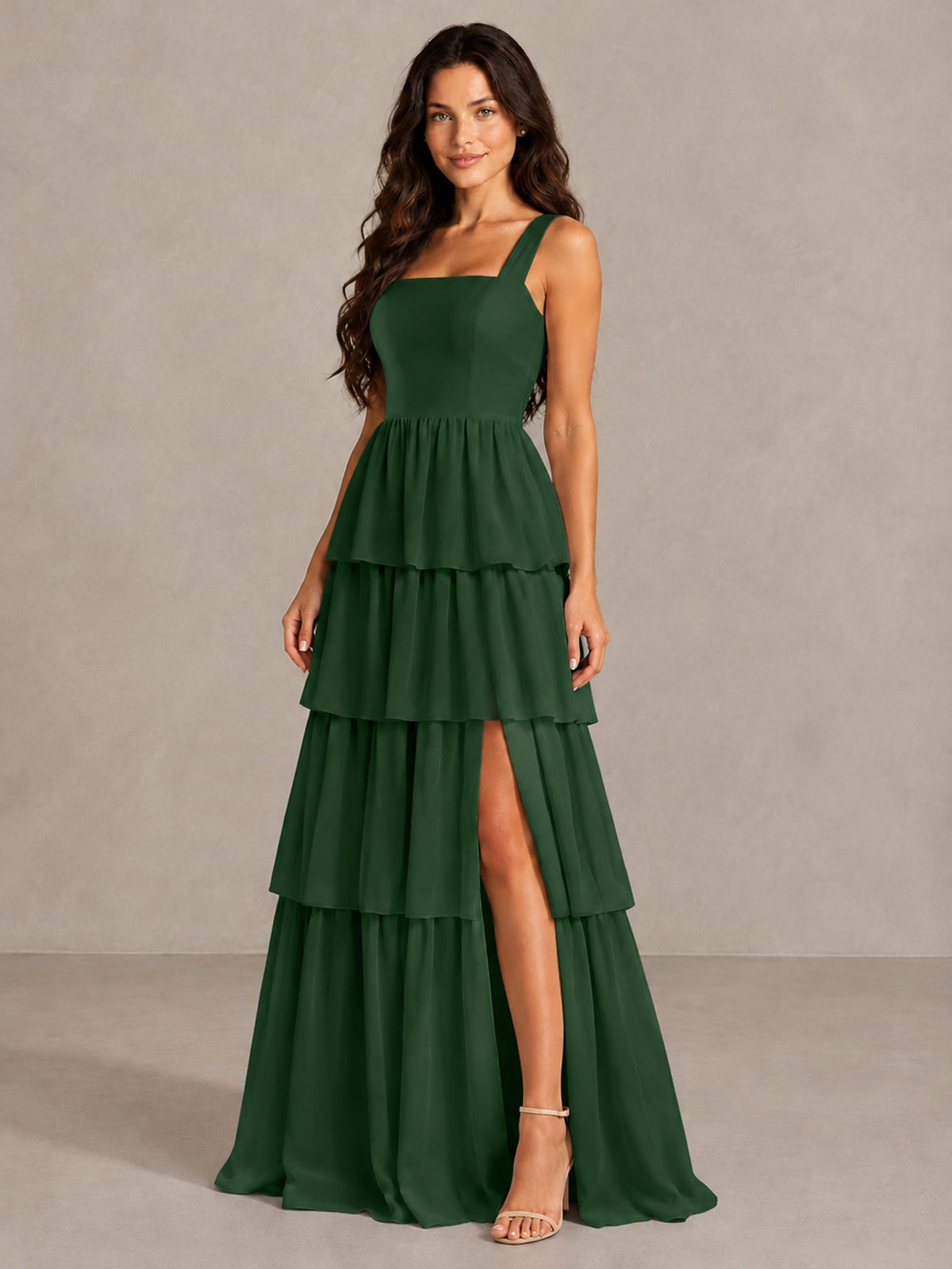 BOLODOO Emerald Green Square Neck Tiered Bridesmaid Dress with Slit - Emerald Green - Emerald Green (3)