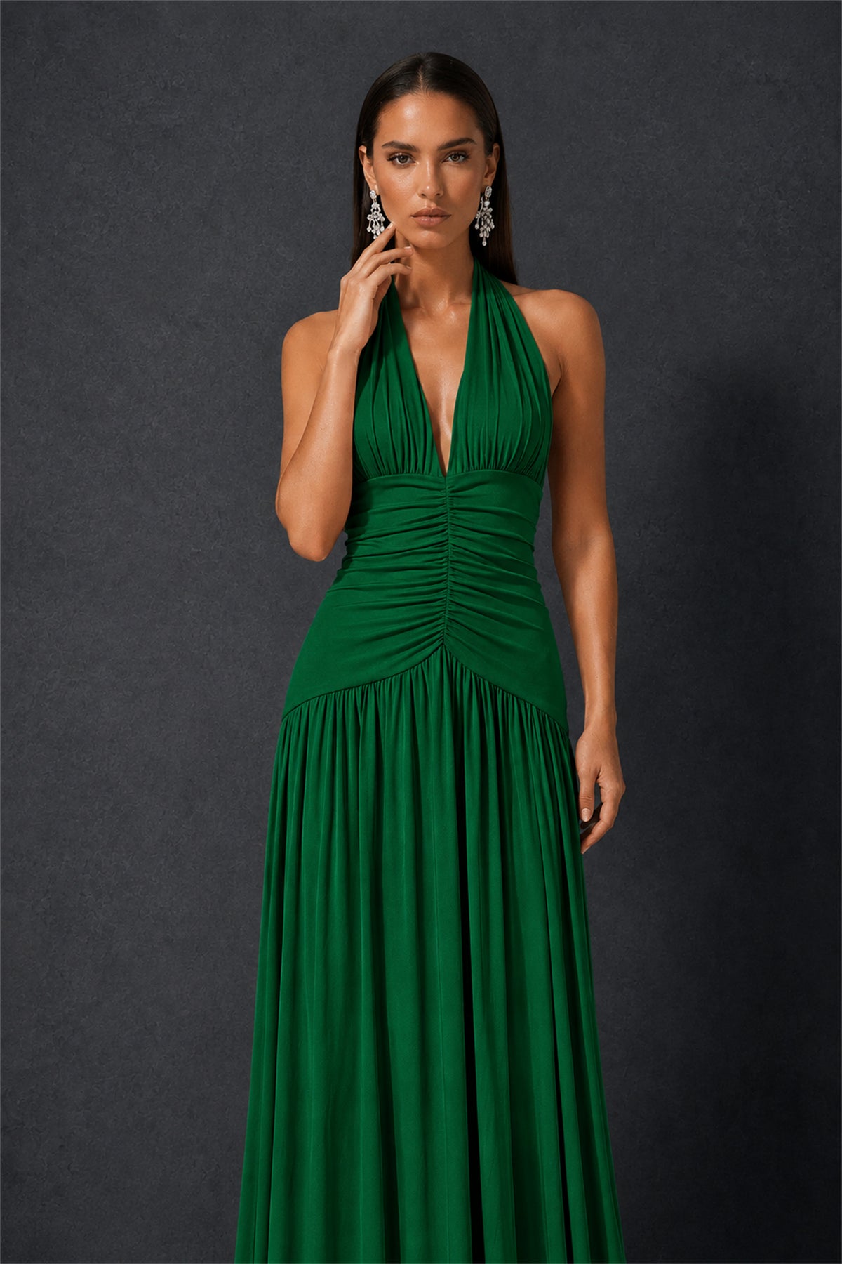 BOLODOO Emerald Green Halter Deep V-Neck Ruched Chiffon Open Back Maxi Dress with Draped Neck Tie - Emerald Green