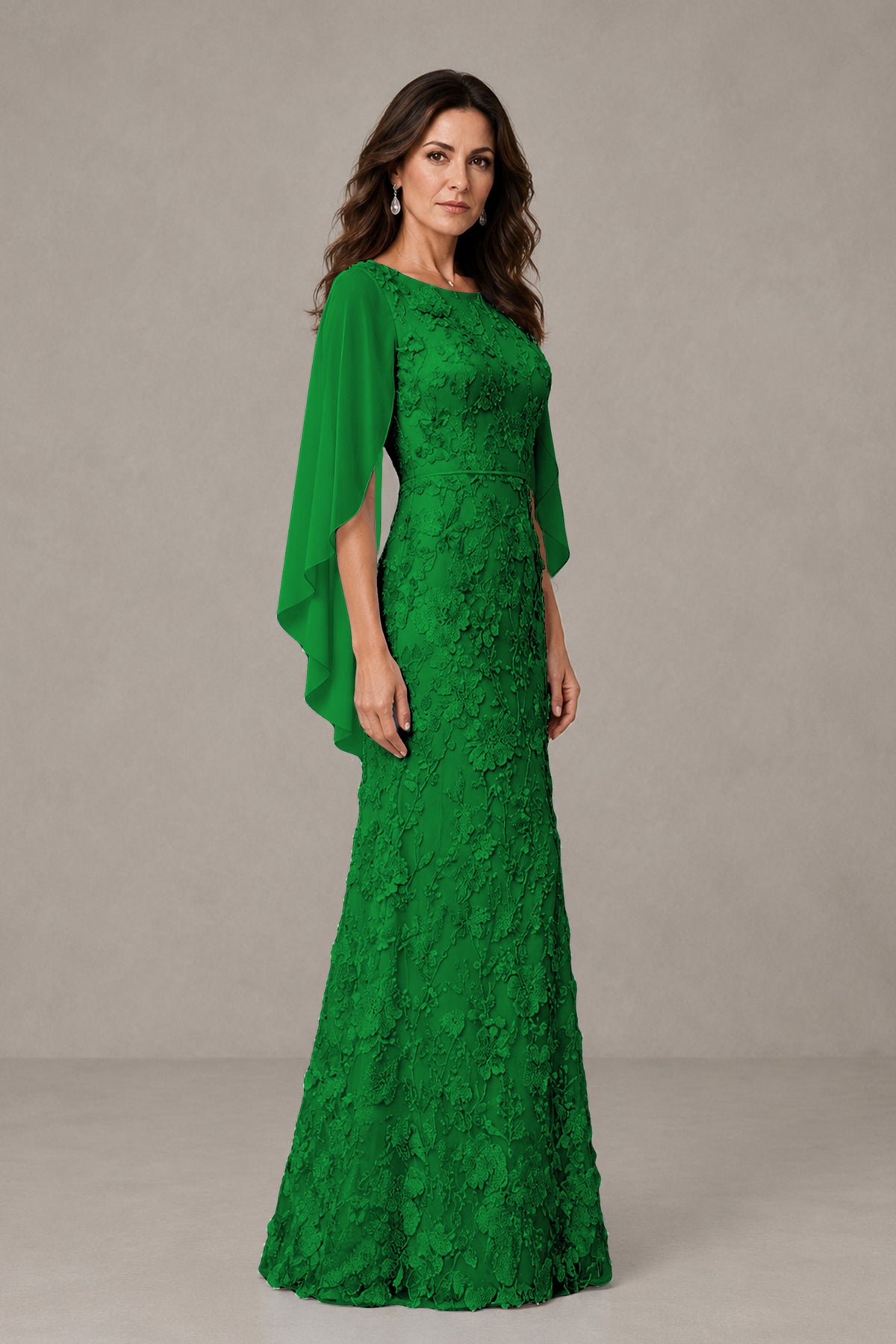 BOLODOO Emerald Green Lace Mother of the Bride Dress with Cape Sleeves - Emerald Green