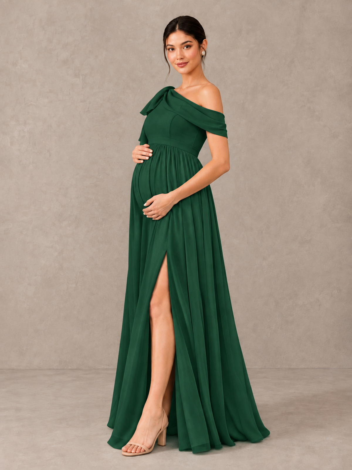 BOLODOO Emerald Green One-Shoulder Maternity Bridesmaid Dress with Slit - Emerald Green - Emerald Green (3)