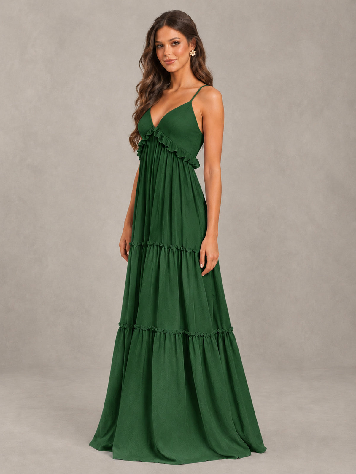 BOLODOO Emerald Green Tiered V-Neck Lace-Up Back Bridesmaid Dress - Emerald Green - Emerald Green (3)