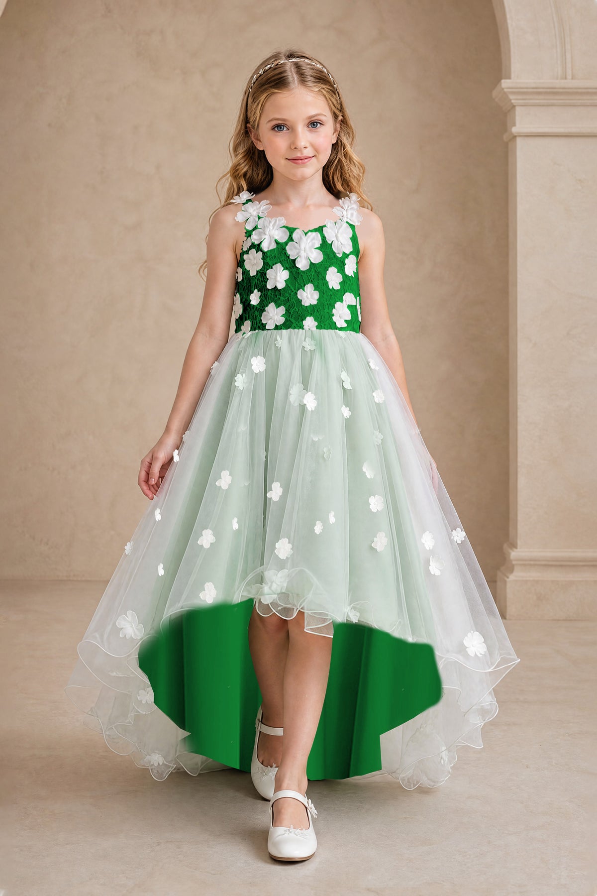 BOLODOO Emerald Green Flower Girl Dress with Floral Appliqué and High-Low Tulle Skirt - Emerald Green