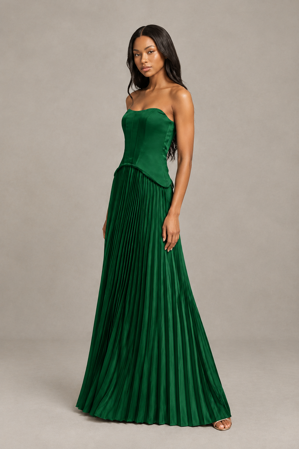 BOLODOO Emerald Green Strapless Pleated Satin Evening Prom Dress - Emerald Green