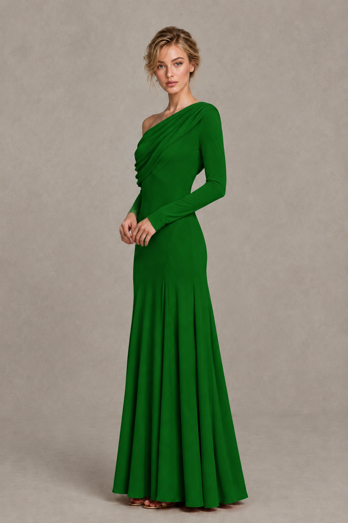 BOLODOO Emerald Green Asymmetric Draped Long Sleeve Evening Gown - Emerald Green