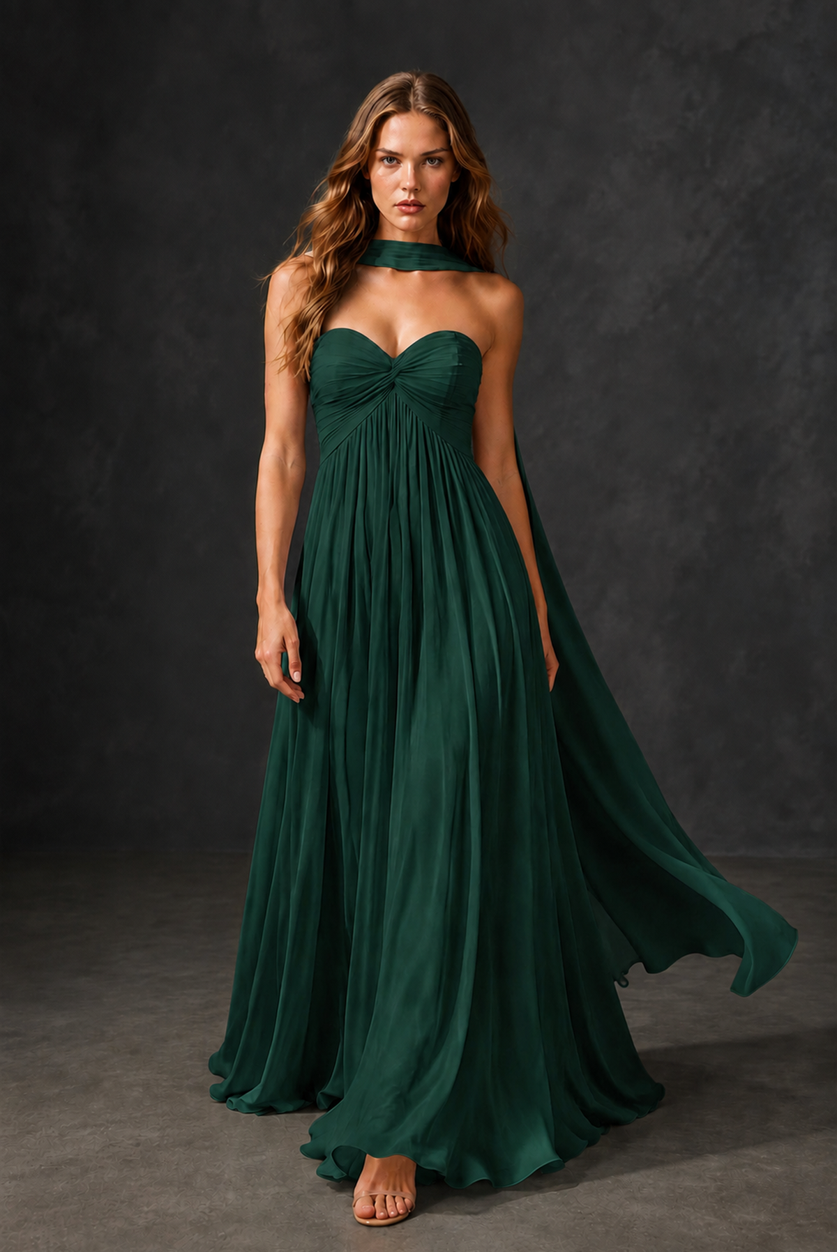 BOLODOO Emerald Green Sweetheart Strapless Twist Knot Detached Halter Scarf Lace-Up Back Empire Waist Chiffon Maxi Dress - Emerald Green