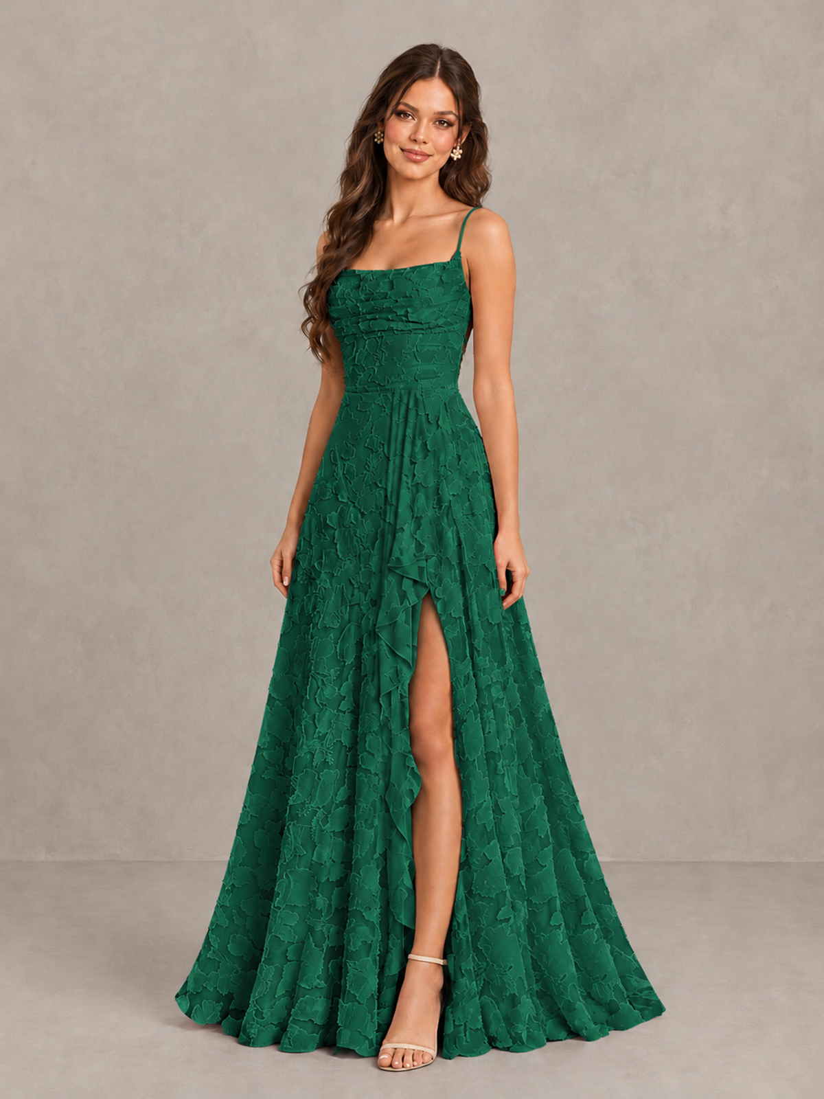 BOLODOO Emerald Green Floral Appliqué Slit Maxi Dress - Emerald Green - Emerald Green (3)